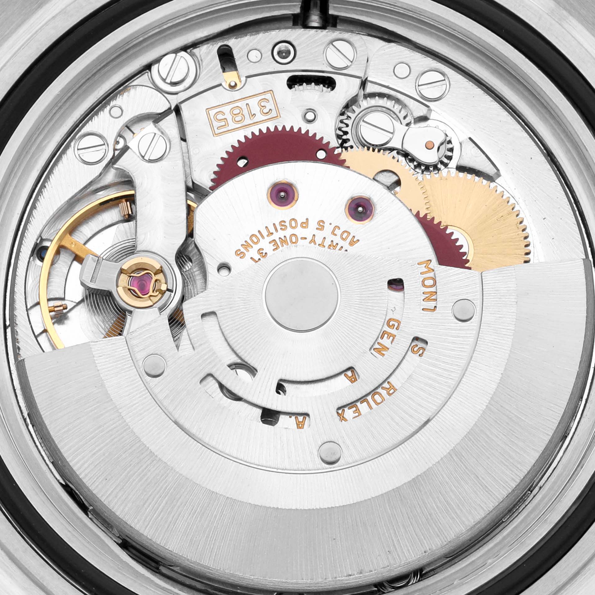 This image shows the movement mechanism of a Rolex Explorer 16570 Men's Stainless Steel White Dial 16570 Men's Stainless Steel White Dial watch from an overhead angle.