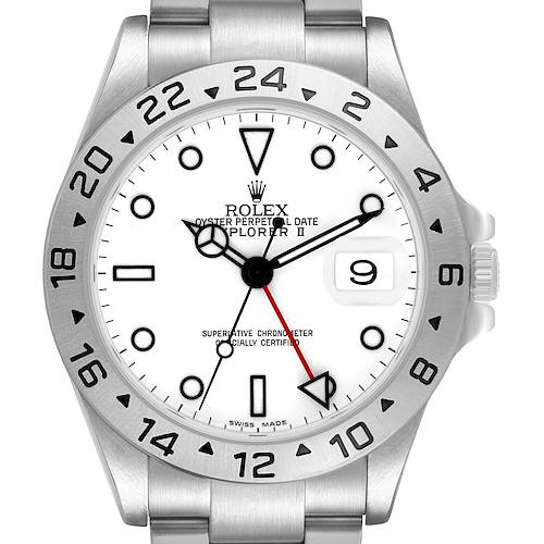The image shows a frontal view of the Rolex Explorer 16570 Men's Stainless Steel White Dial II, displaying its dial, bezel, and bracelet.