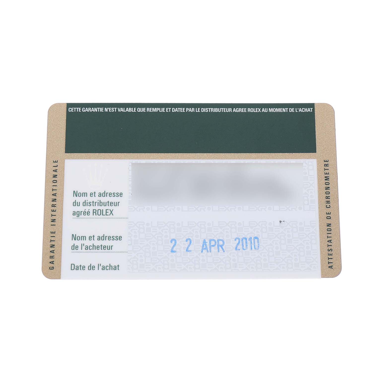 The image shows a warranty card for a Rolex Explorer 16570 Men's Stainless Steel White Dial watch, viewed from above, with purchase and distributor details.