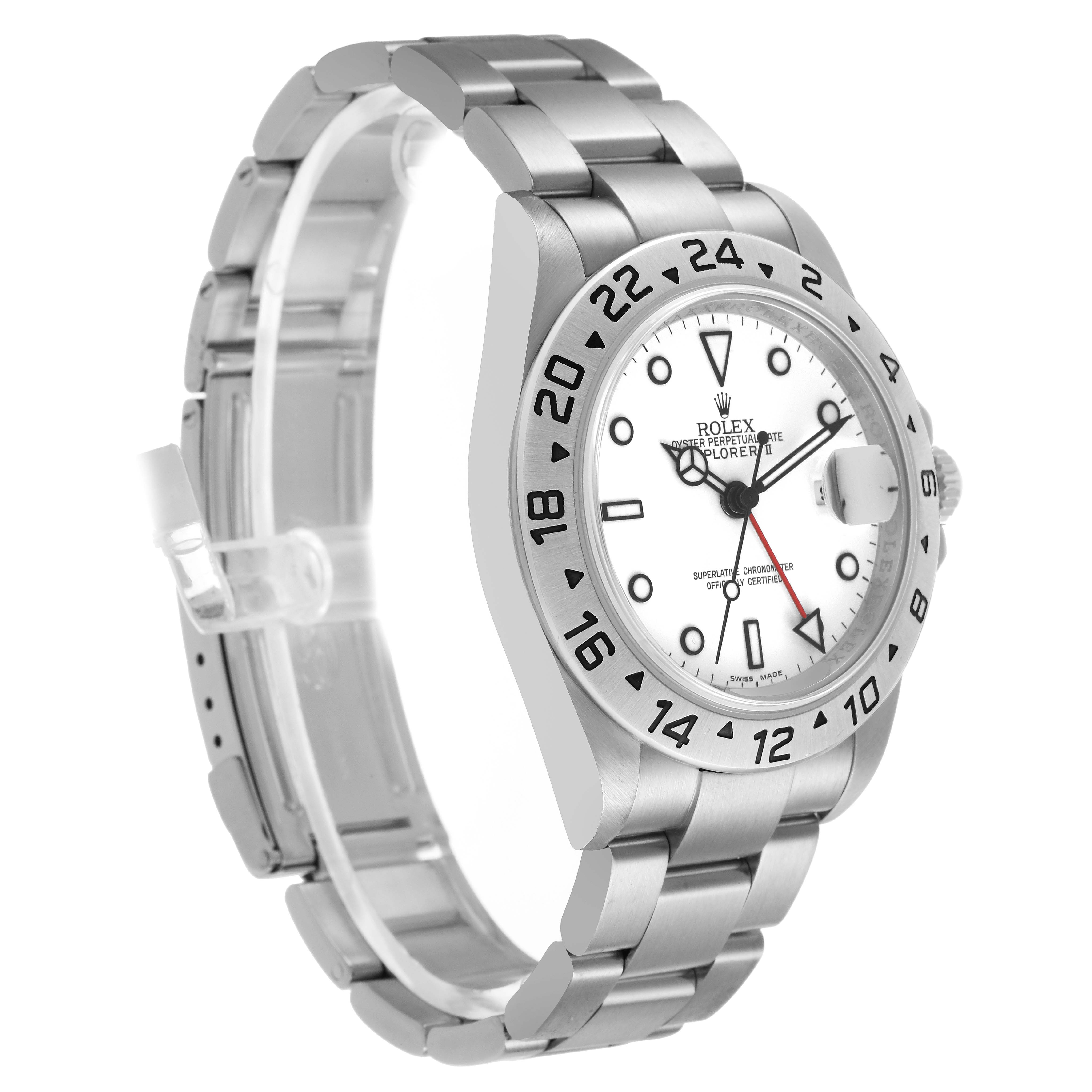 The Rolex Explorer 16570 Men's Stainless Steel White Dial watch is shown at a three-quarter angle, displaying the face, bezel, and part of the bracelet.
