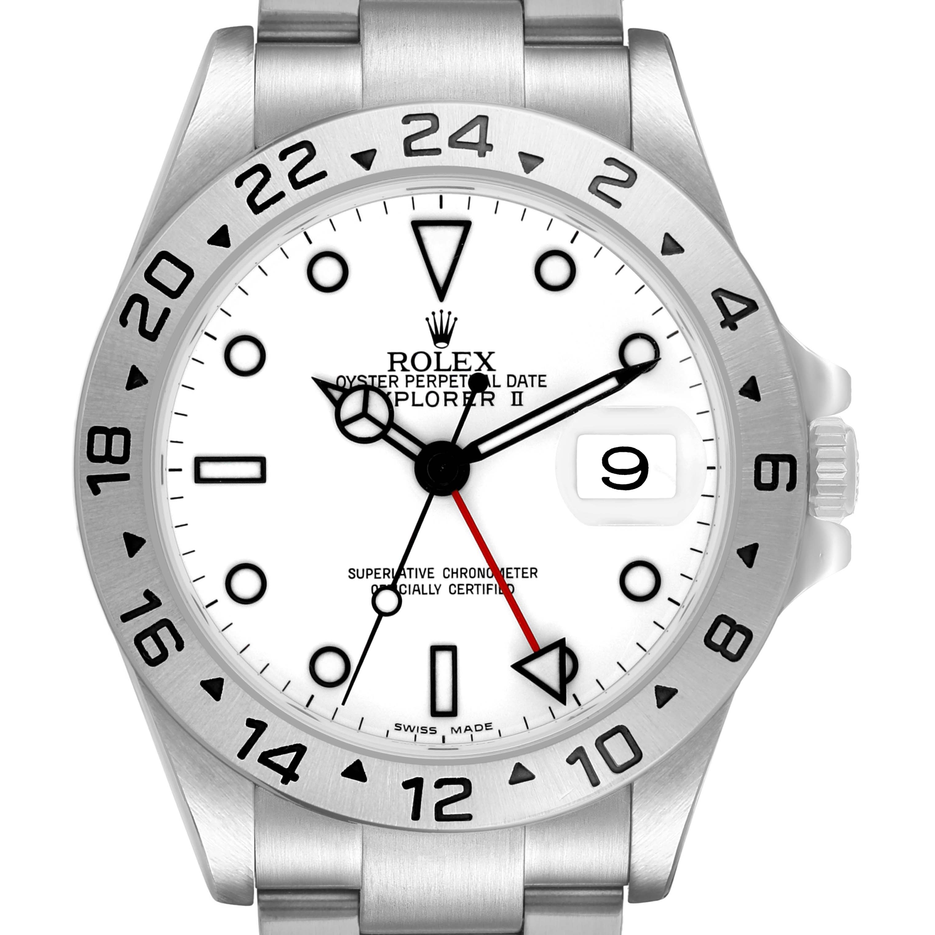 The Rolex Explorer 16570 Men's Stainless Steel White Dial watch is shown from the front, highlighting its bezel, dial, hands, date, and bracelet.