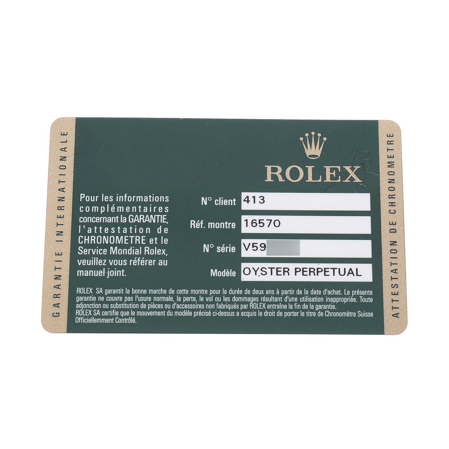 The image shows a Rolex guarantee card for an Explorer model, displaying reference and serial numbers.