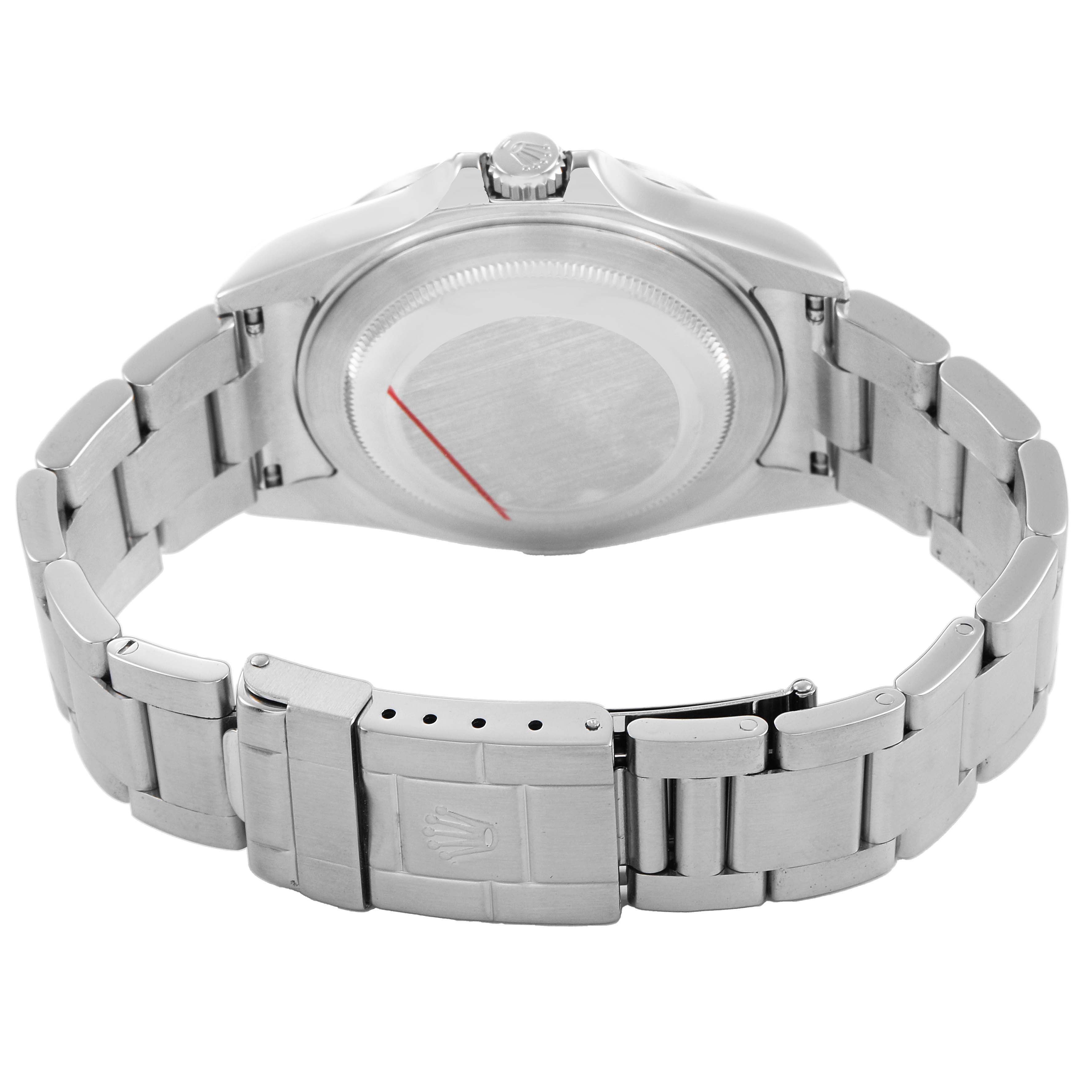 The Rolex Explorer 16570 Men's Stainless Steel White Dial watch is shown from the back, highlighting the case back, bracelet, and clasp.