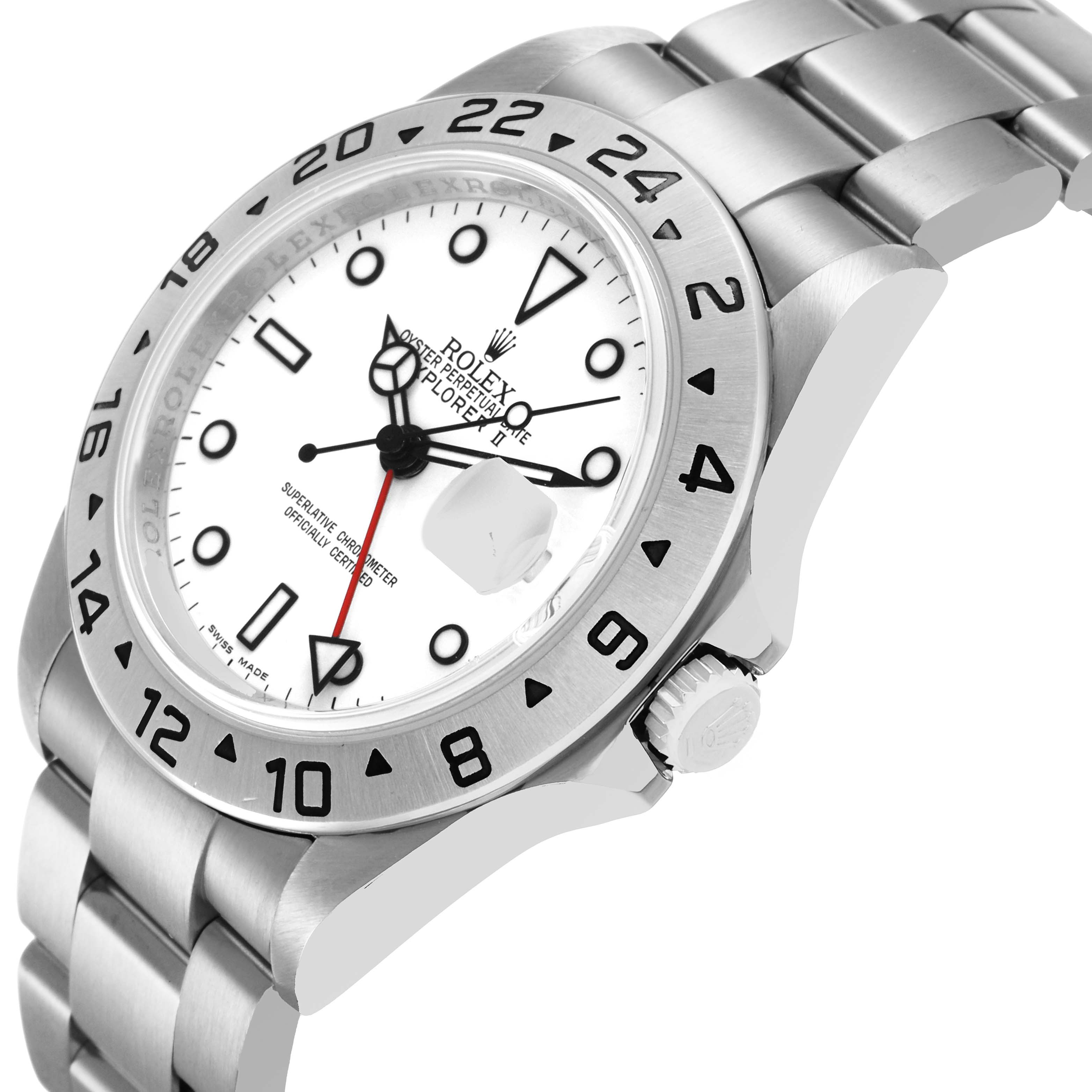 The Rolex Explorer 16570 Men's Stainless Steel White Dial watch is shown at a side angle, highlighting the bezel, dial, case, bracelet, and crown.