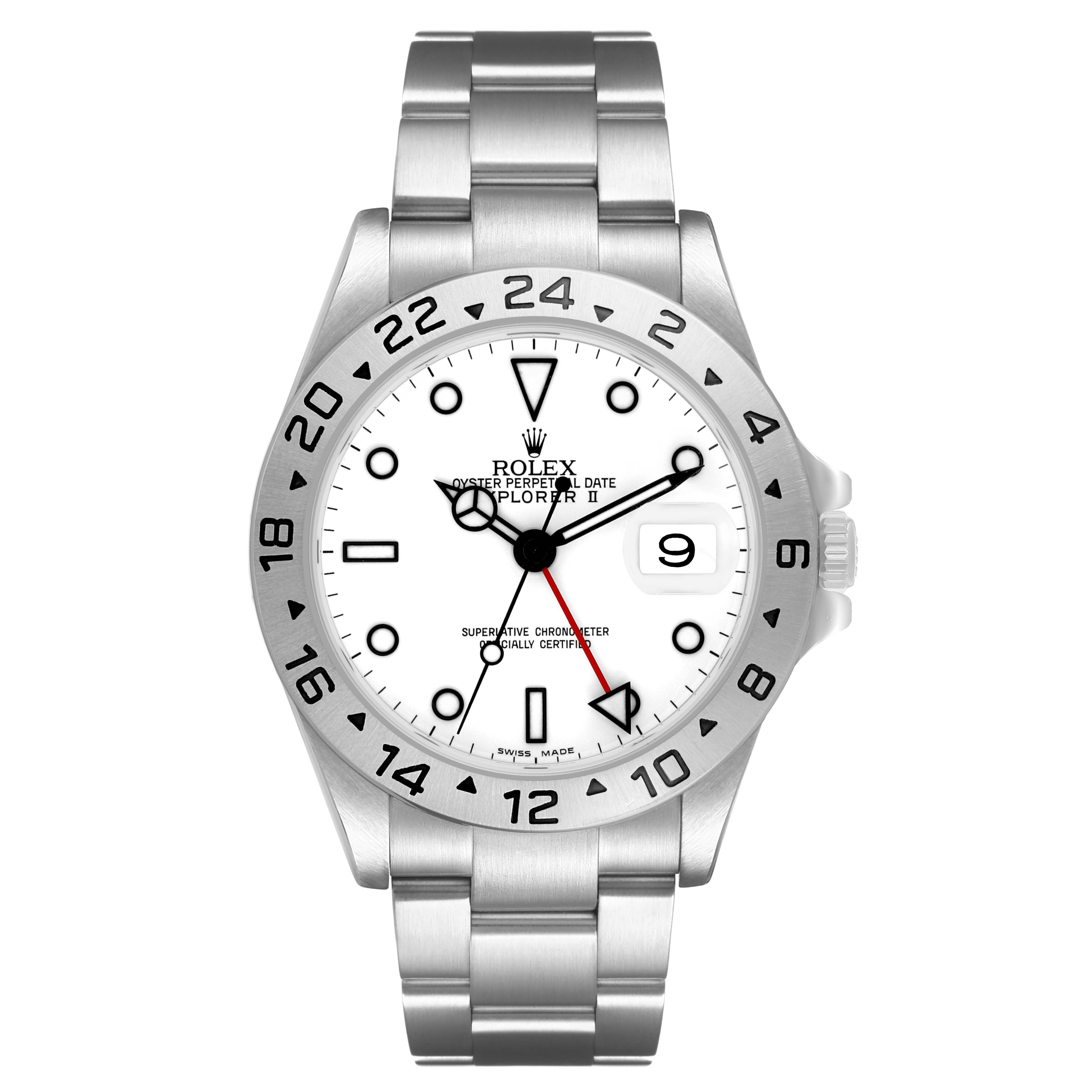 The Rolex Explorer 16570 Men's Stainless Steel White Dial model is shown from a front angle, highlighting the dial, bezel, bracelet, and crown.