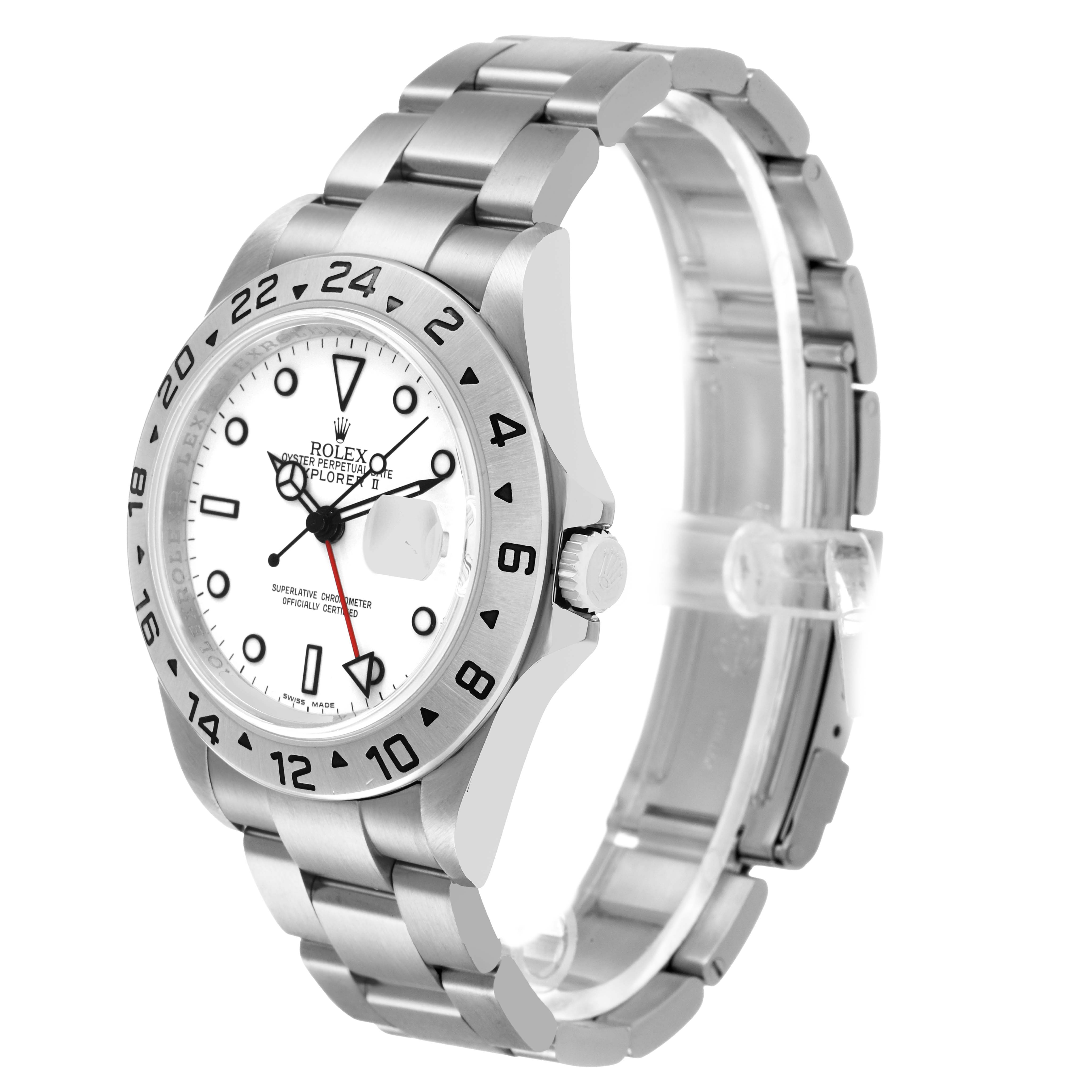 The Rolex Explorer 16570 Men's Stainless Steel White Dial watch is shown at a three-quarter angle, highlighting the bezel, dial, crown, and bracelet.