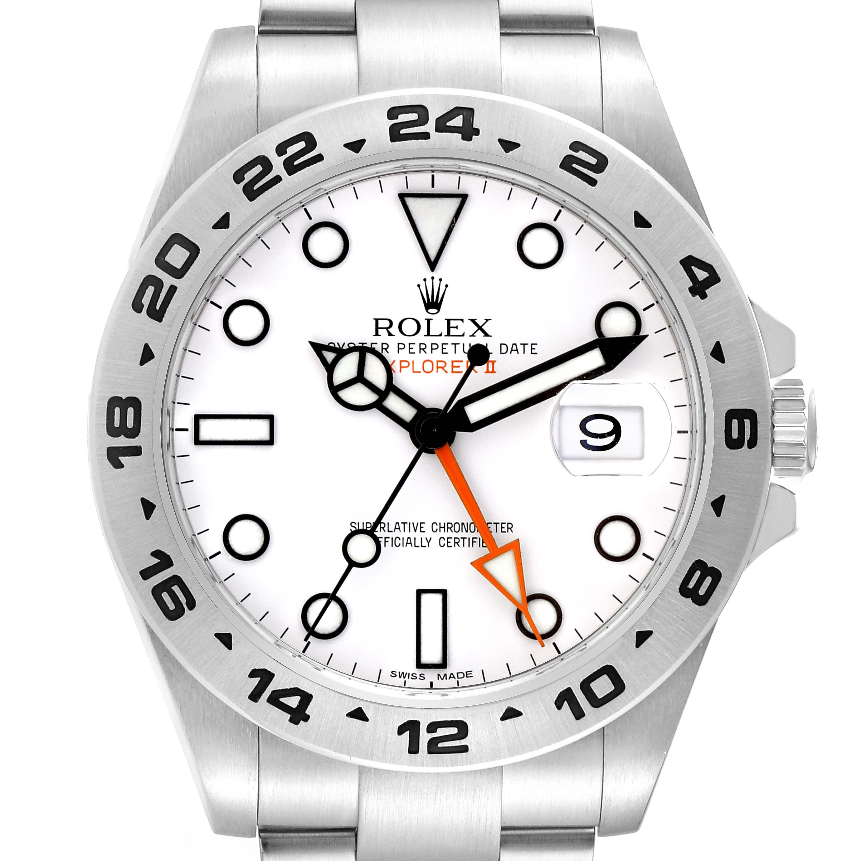 The image shows a front view of the Rolex Explorer 216570 Men's Stainless Steel White Dial 216570 Men's Stainless Steel White Dial watch, highlighting the white dial, hands, bezel, and date window.