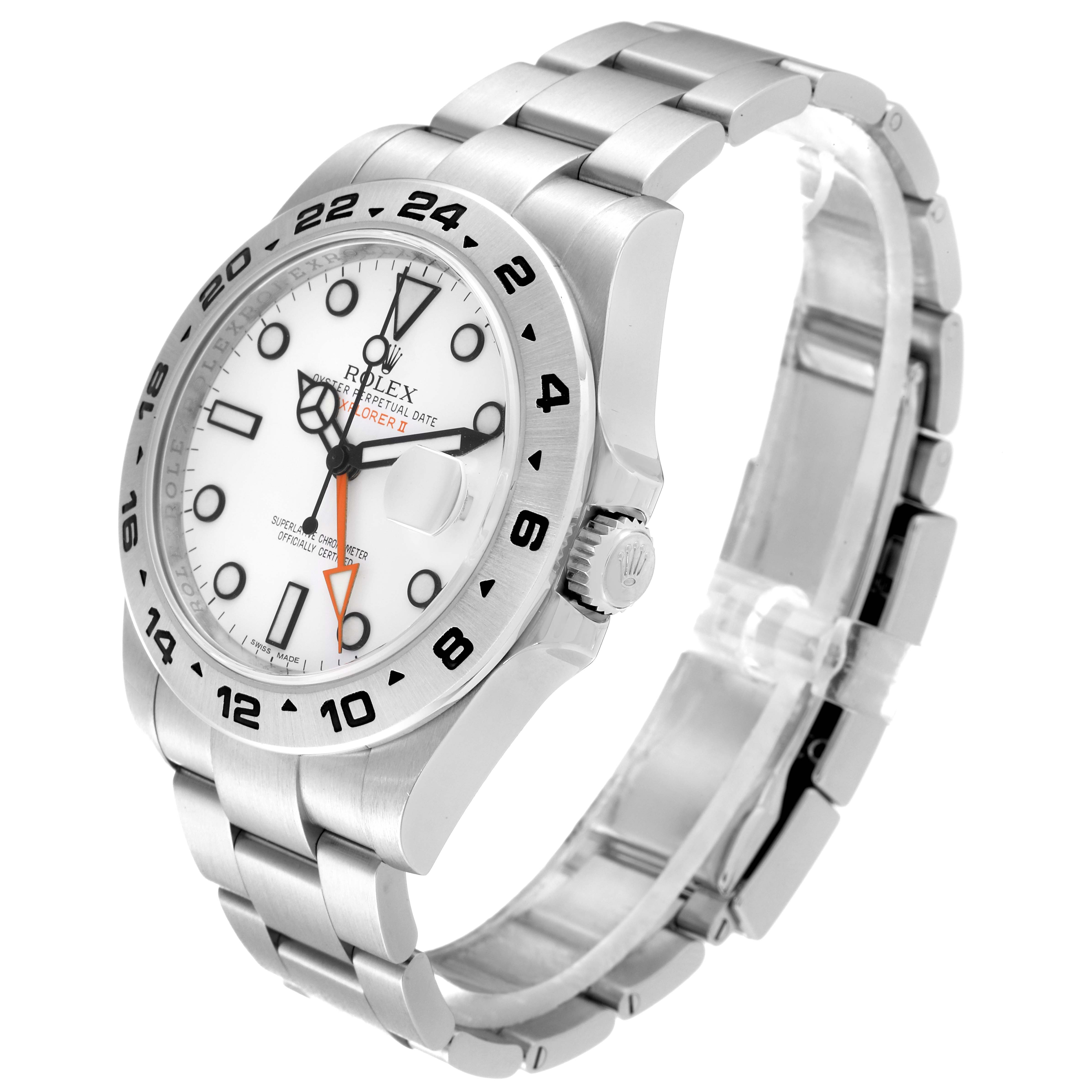 The Rolex Explorer 216570 Men's Stainless Steel White Dial 216570 Men's Stainless Steel White Dial model watch is shown at an angle, displaying its face, crown, and stainless steel bracelet.