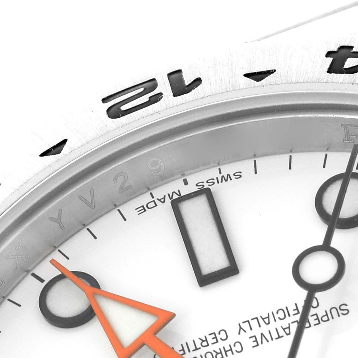 This image shows a close-up view of the dial and partially the bezel of a Rolex Explorer 216570 Men's Stainless Steel White Dial 216570 Men's Stainless Steel White Dial watch.