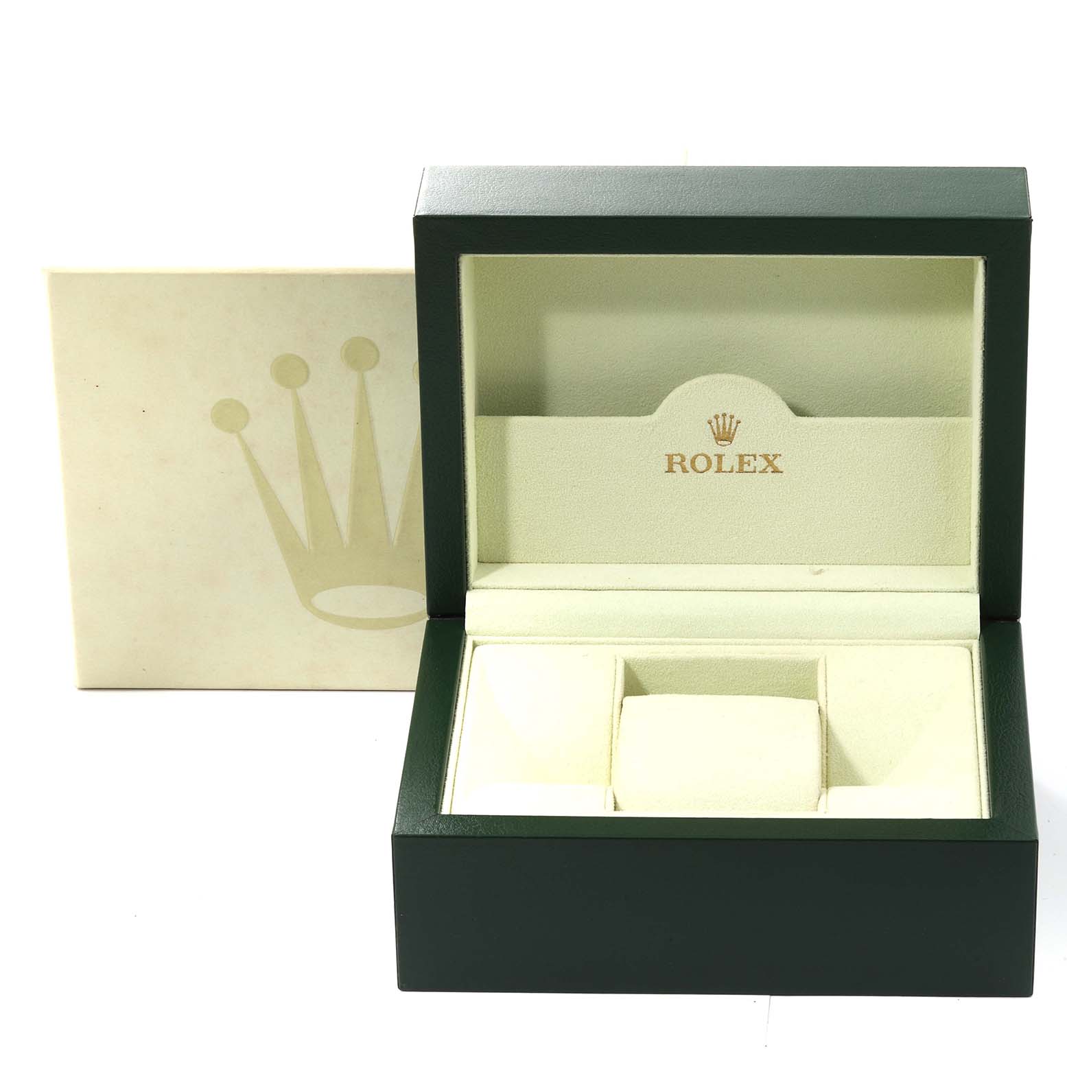 The image shows an open Rolex Explorer 216570 Men's Stainless Steel White Dial 216570 Men's Stainless Steel White Dial watch box with a cream interior and a green exterior, along with a separate lid.