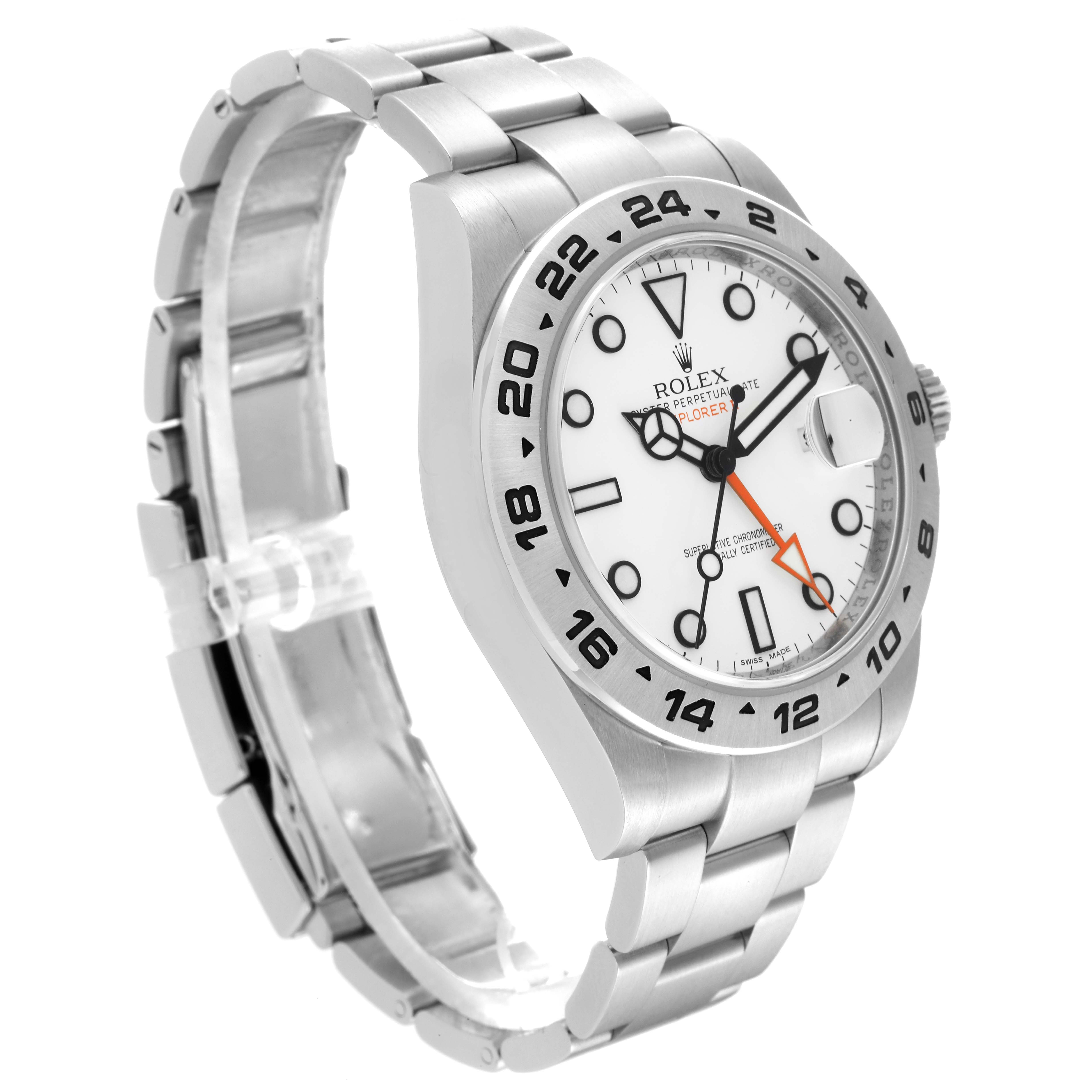 This is a Rolex Explorer 216570 Men's Stainless Steel White Dial 216570 Men's Stainless Steel White Dial watch shown at an angle displaying the watch face, bezel, and bracelet.