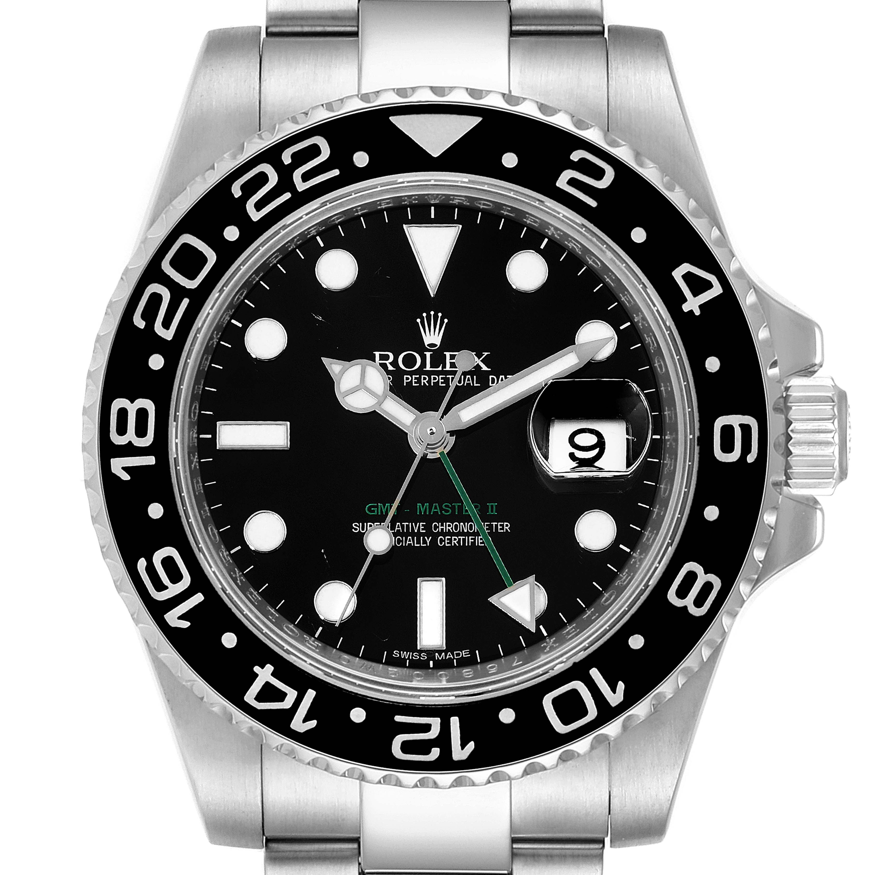 This image shows a front view of a Rolex GMT-Master 116710 Men's Stainless Steel Black Dial 116710 Men's Stainless Steel Black Dial II watch, highlighting its black dial, bezel, and bracelet.