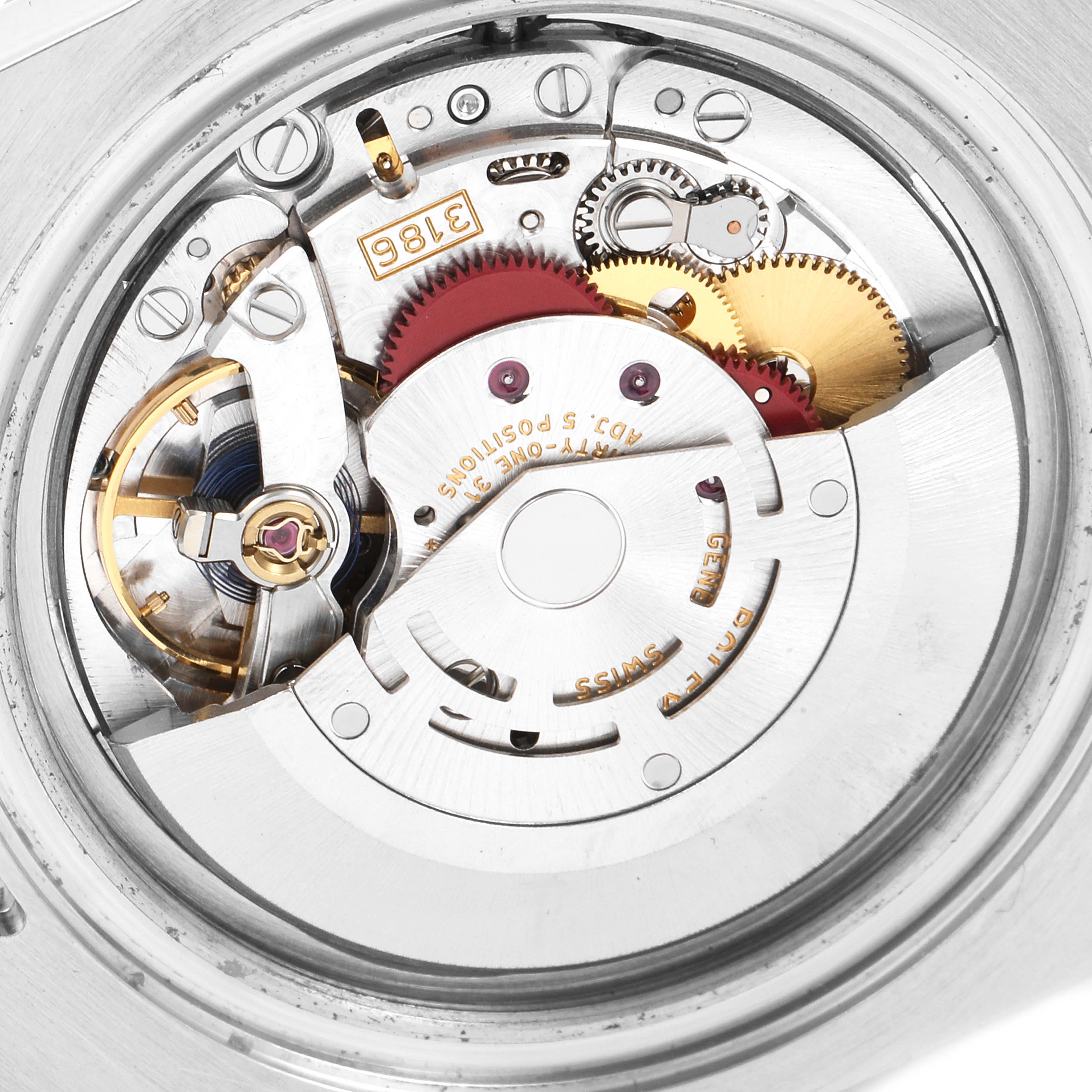 The image shows the intricate internal mechanism of a Rolex GMT-Master 116710 Men's Stainless Steel Black Dial 116710 Men's Stainless Steel Black Dial watch, viewed from a straight-on angle.