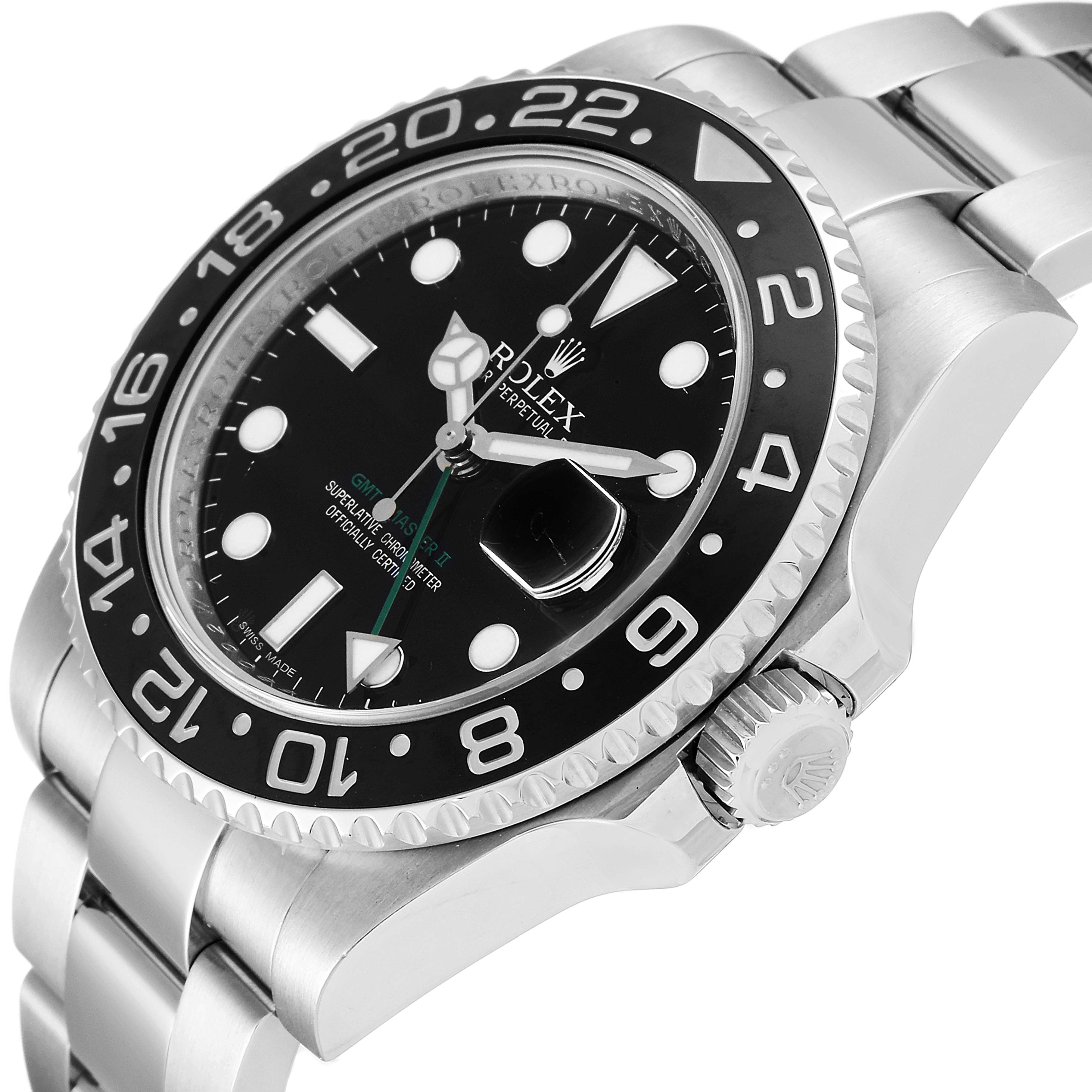 The image shows a close-up angled view of the dial, bezel, and part of the bracelet of a Rolex GMT-Master 116710 Men's Stainless Steel Black Dial 116710 Men's Stainless Steel Black Dial watch.
