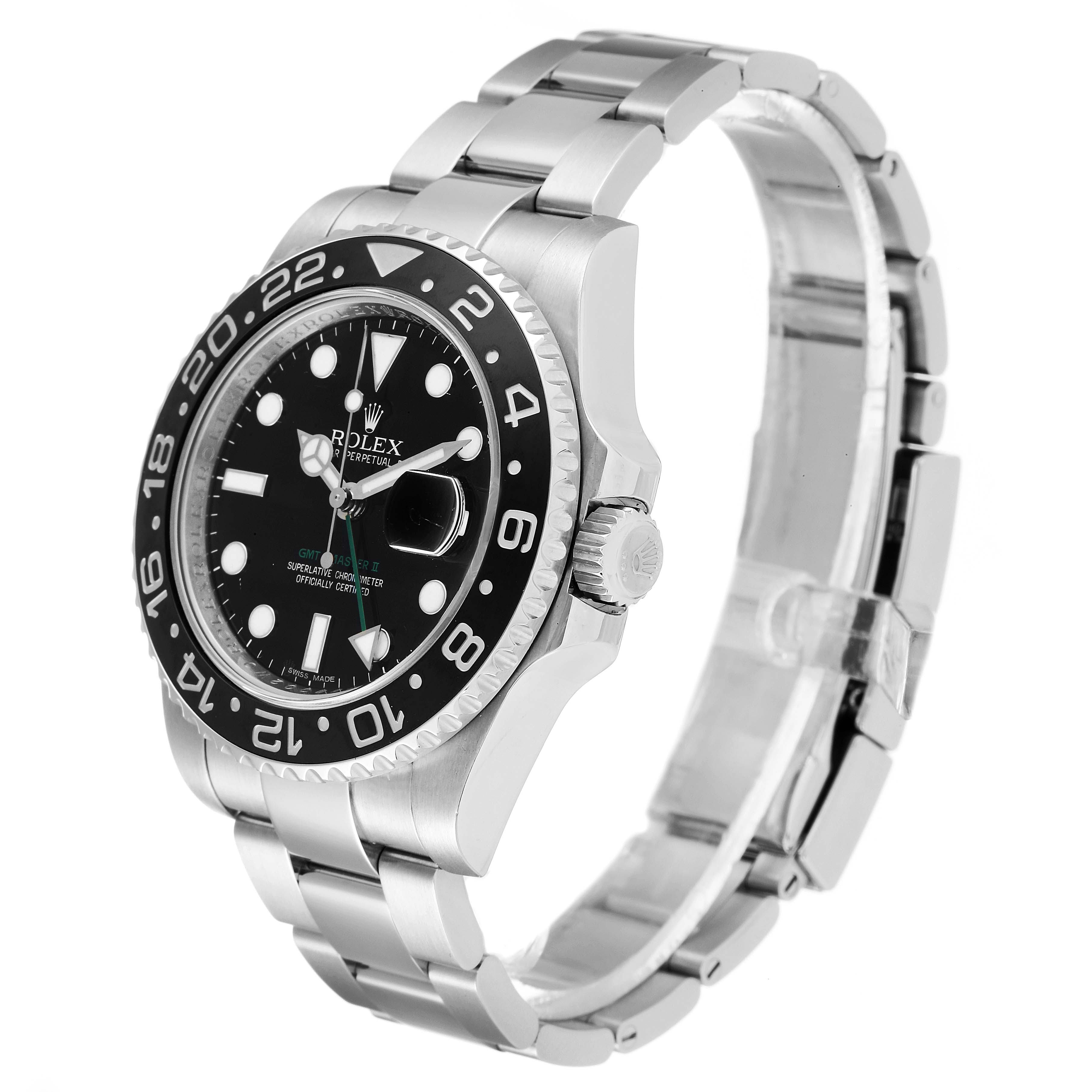 The Rolex GMT-Master 116710 Men's Stainless Steel Black Dial 116710 Men's Stainless Steel Black Dial watch is shown from an angled front view, displaying the face, bezel, crown, and bracelet.