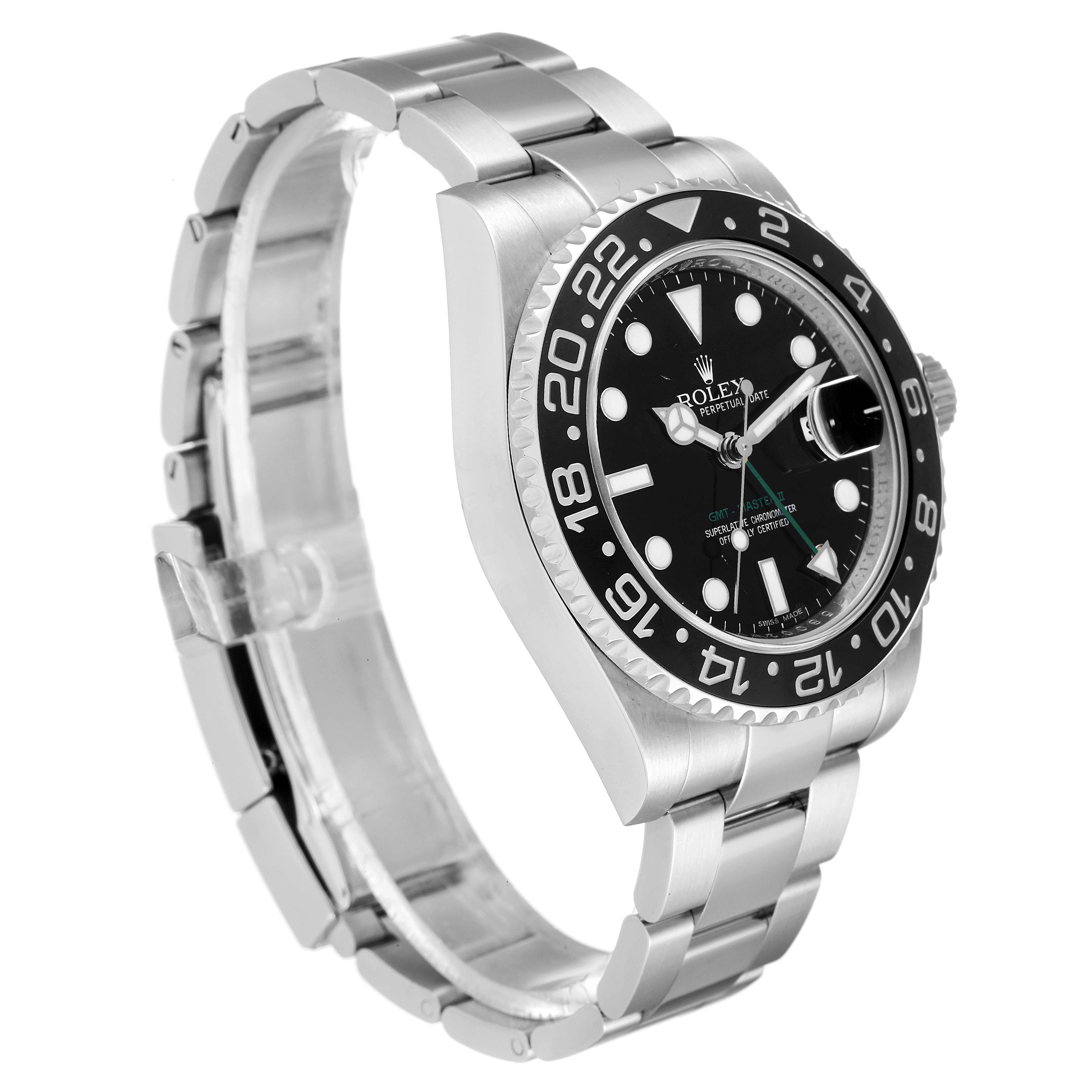The image shows a Rolex GMT-Master 116710 Men's Stainless Steel Black Dial 116710 Men's Stainless Steel Black Dial watch at a three-quarter angle, highlighting the dial, bezel, and bracelet.