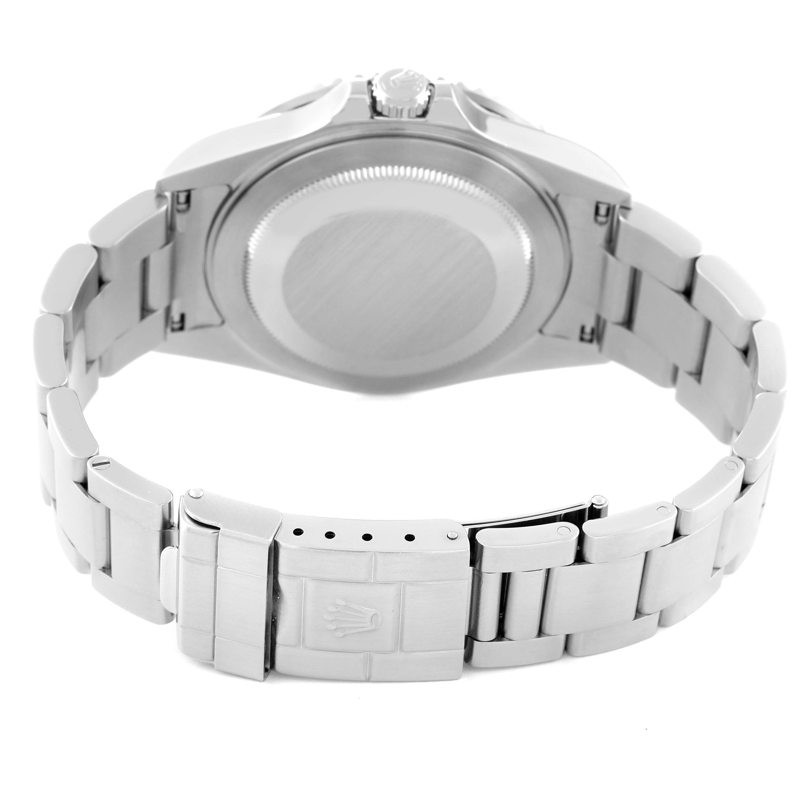 The image shows the back case and bracelet clasp of the Rolex GMT-Master 16710 Men's Stainless Steel Black Dial 16710 Men's Stainless Steel Black Dial watch from a slightly tilted rear angle.