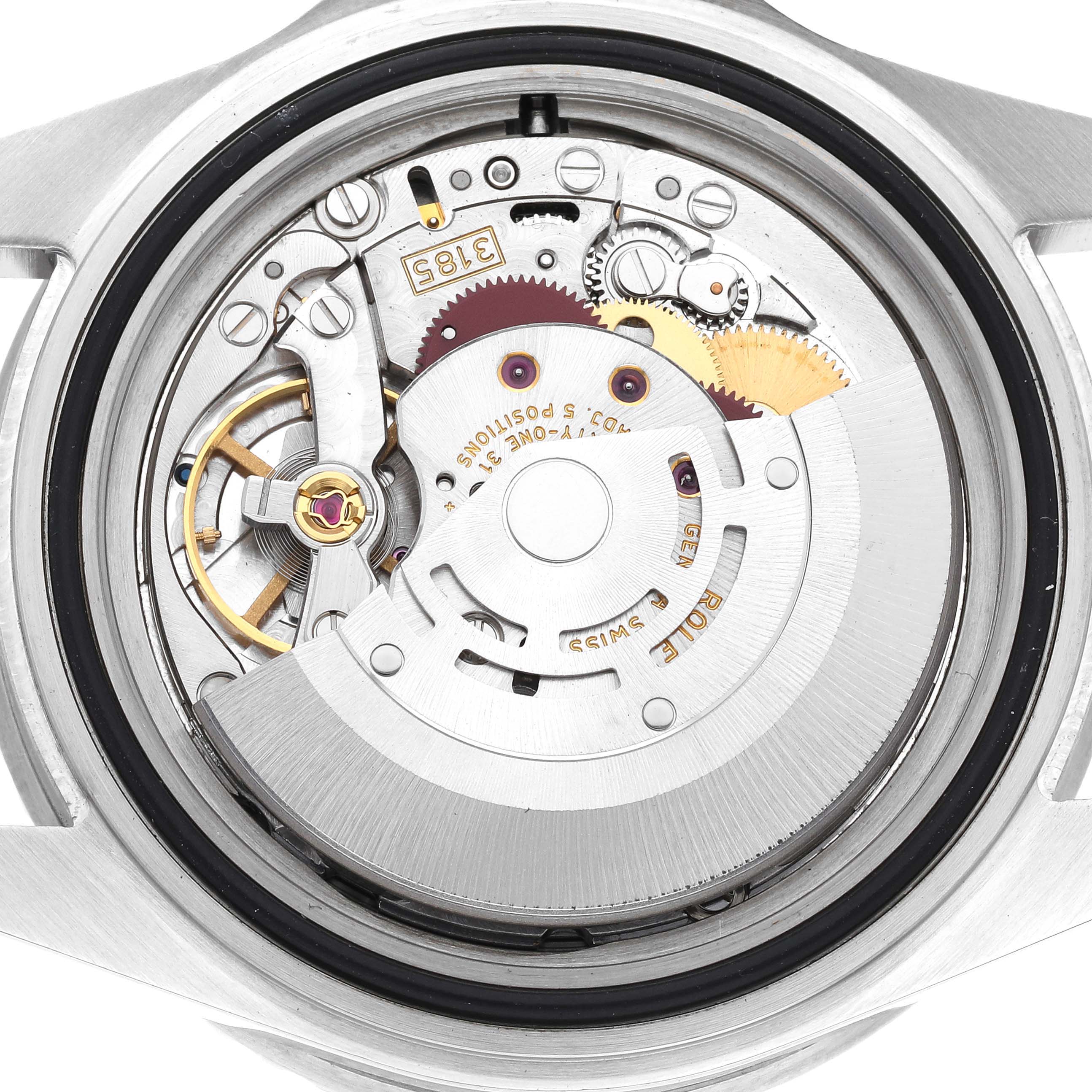 This is a close-up view of the internal movement mechanism of a Rolex GMT-Master 16710 Men's Stainless Steel Black Dial 16710 Men's Stainless Steel Black Dial watch.