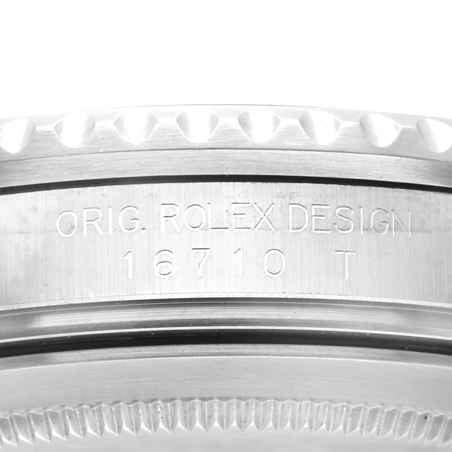 The image shows the side view of the case of a Rolex GMT-Master 16710 Men's Stainless Steel Black Dial 16710 Men's Stainless Steel Black Dial model, highlighting the engravings.