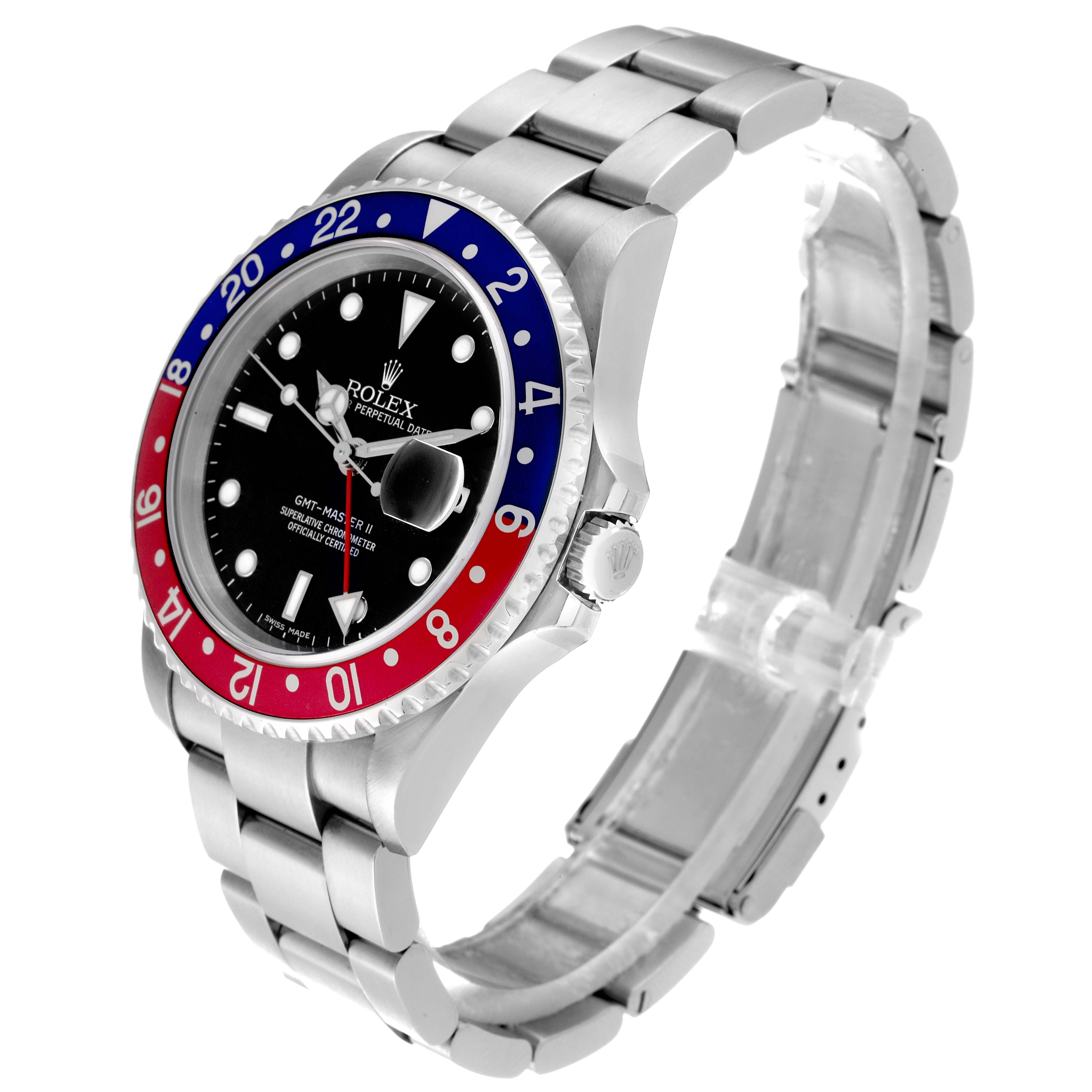 The Rolex GMT-Master 16710 Men's Stainless Steel Black Dial 16710 Men's Stainless Steel Black Dial model is shown at a three-quarter angle, highlighting the bezel, dial, crown, and bracelet.