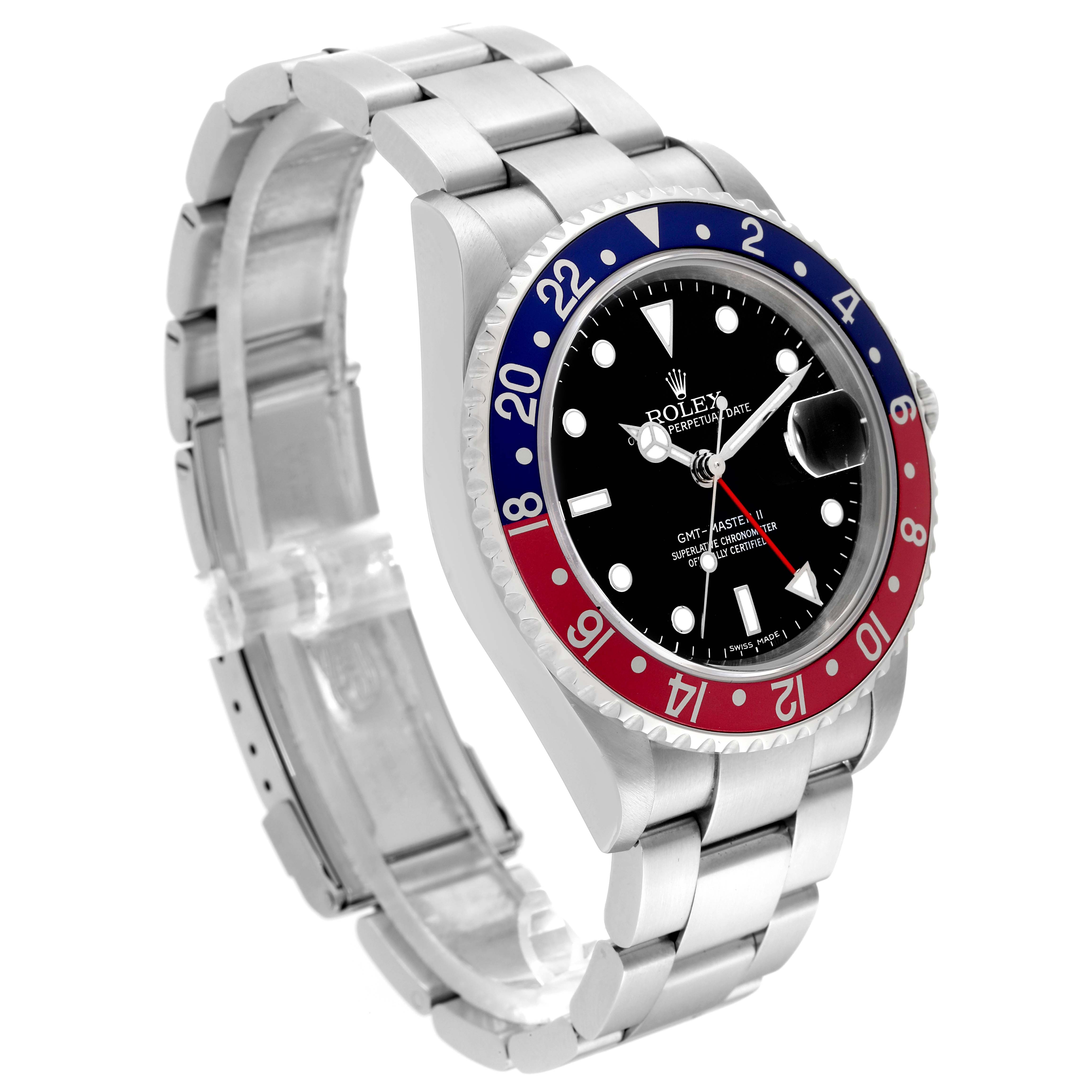 The image shows a Rolex GMT-Master 16710 Men's Stainless Steel Black Dial 16710 Men's Stainless Steel Black Dial watch at a three-quarter angle, highlighting the bezel, dial, and bracelet.