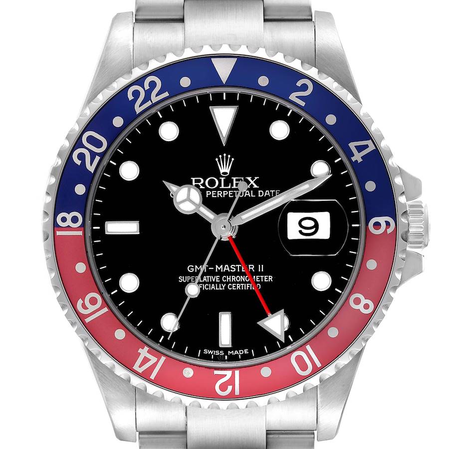 Rolex GMT Master II Blue Red Pepsi Bezel Error Dial Steel Watch 16710 Box Papers SwissWatchExpo