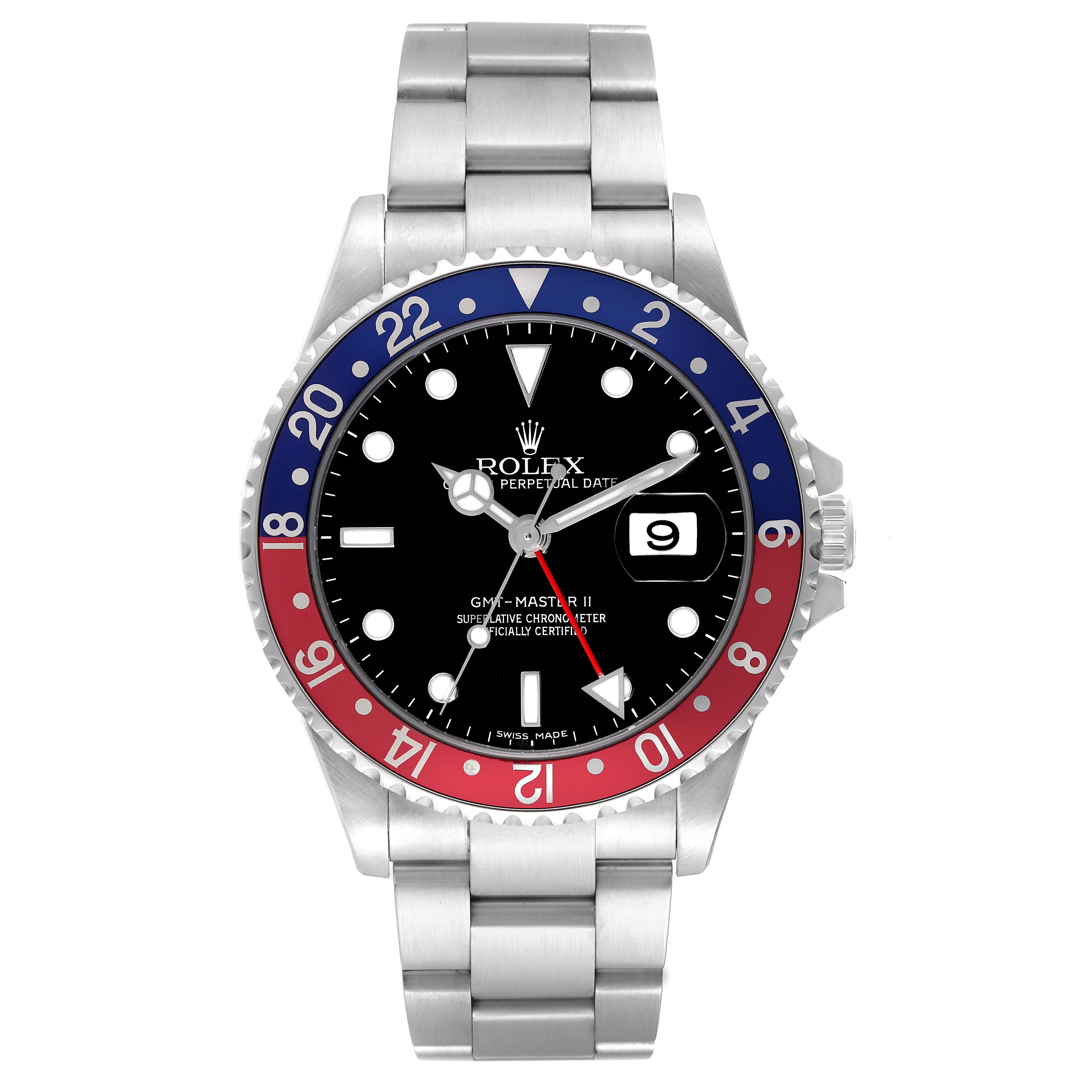 This Rolex GMT-Master 16710 Men's Stainless Steel Black Dial 16710 Men's Stainless Steel Black Dial watch is shown from the front, displaying its dial, bezel, and stainless steel bracelet.