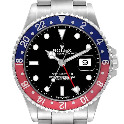 This Rolex GMT-Master II watch is shown from a front angle, displaying the oyster bracelet, black dial, and dual-colored bezel.