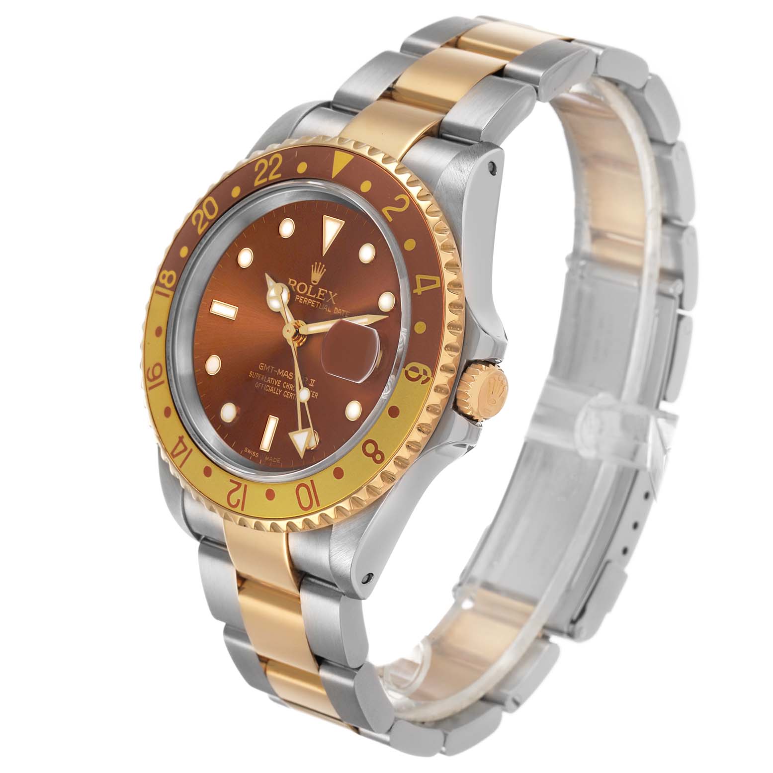 The Rolex GMT-Master 16713 Men's Steel and Gold (two tone) Brown Dial watch is shown at a three-quarter angle, displaying the dial, bezel, crown, and bracelet clearly.