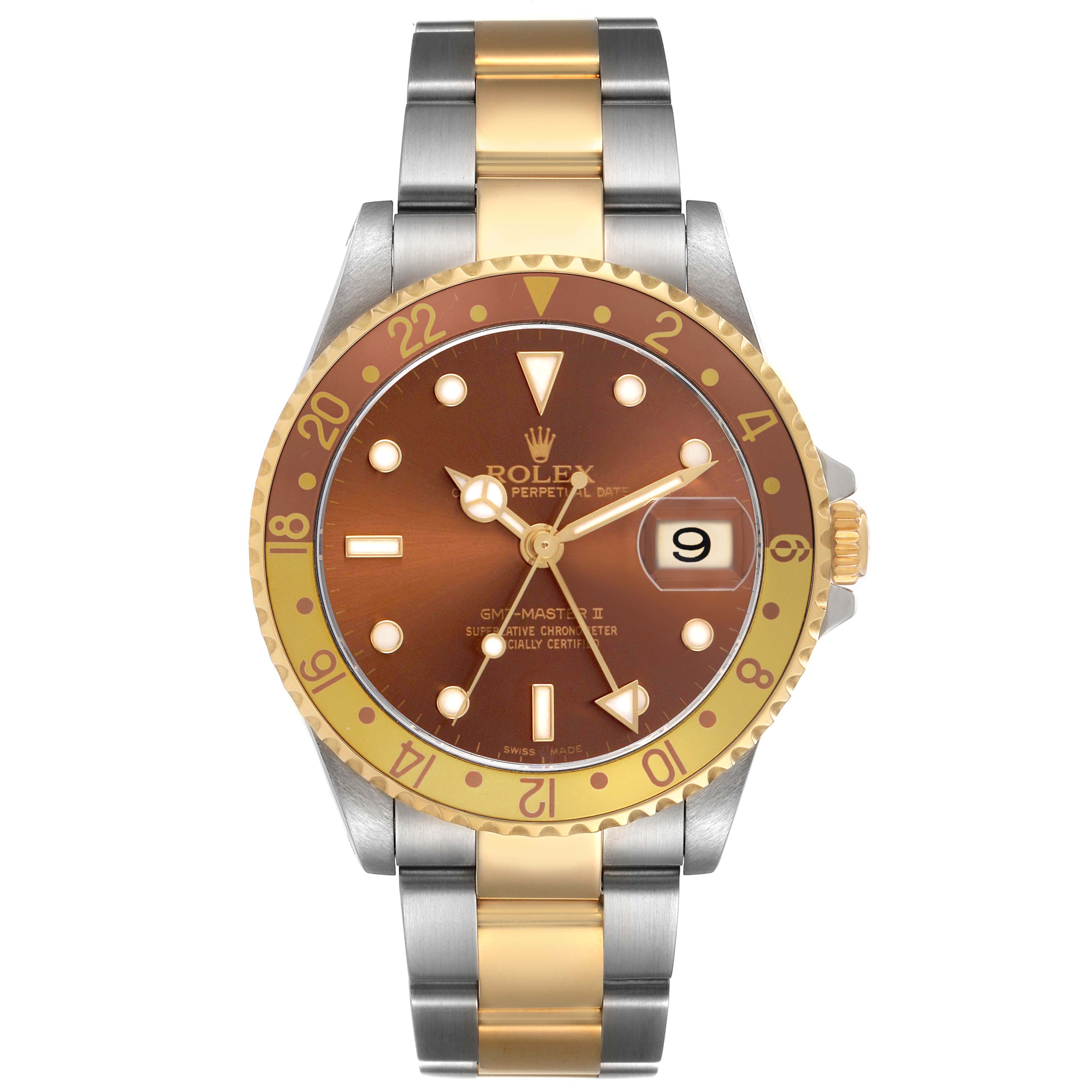The Rolex GMT-Master 16713 Men's Steel and Gold (two tone) Brown Dial watch is shown from the front, highlighting its brown dial and two-tone bracelet.
