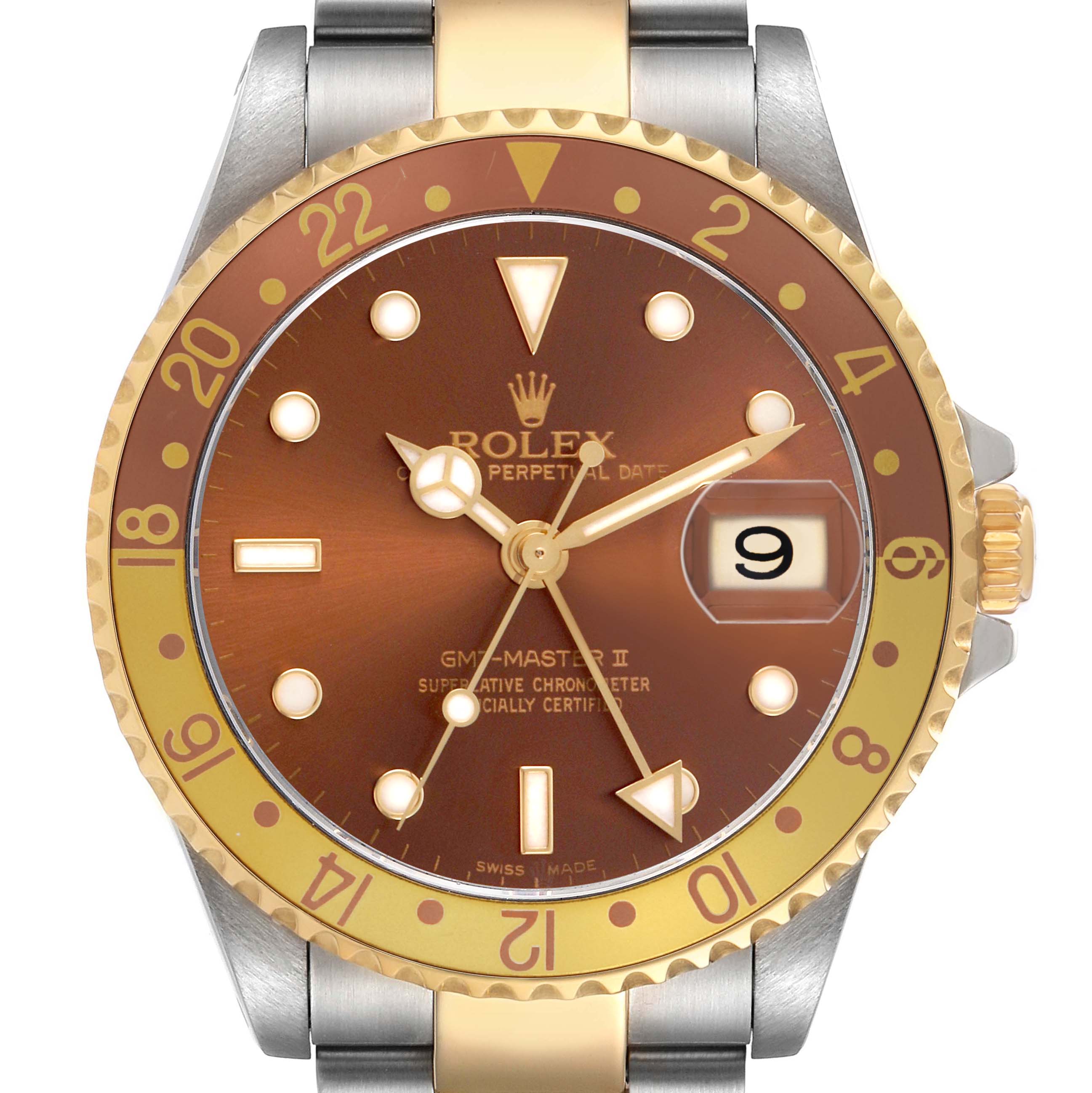 The Rolex GMT-Master 16713 Men's Steel and Gold (two tone) Brown Dial II watch is shown from the front, highlighting its brown and gold bezel and dial.