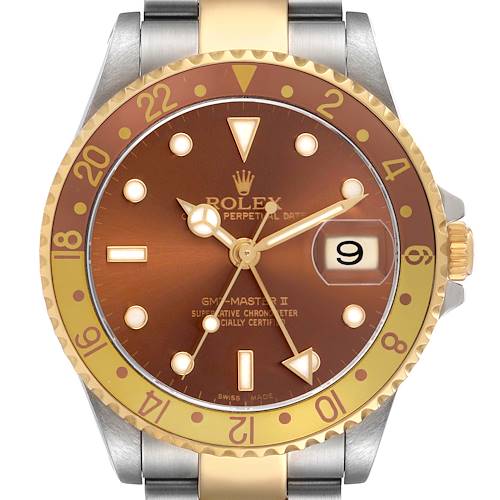 The Rolex GMT-Master 16713 Men's Steel and Gold (two tone) Brown Dial watch is shown from the front, highlighting the dial, bezel, and part of the bracelet.