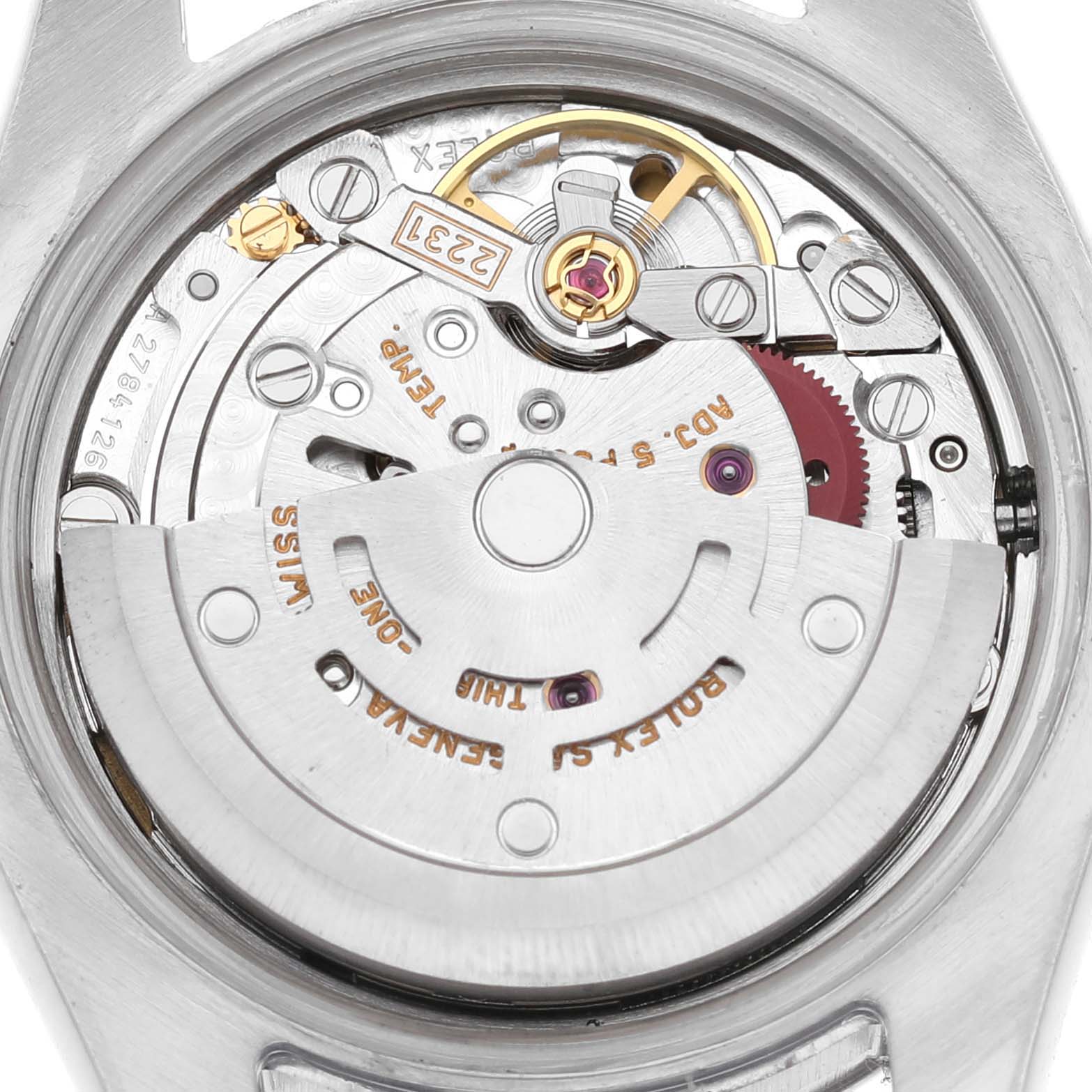 The image shows the movement and mechanism from the back of a Rolex Oyster Perpetual 176200 Women's Stainless Steel Black Dial watch.
