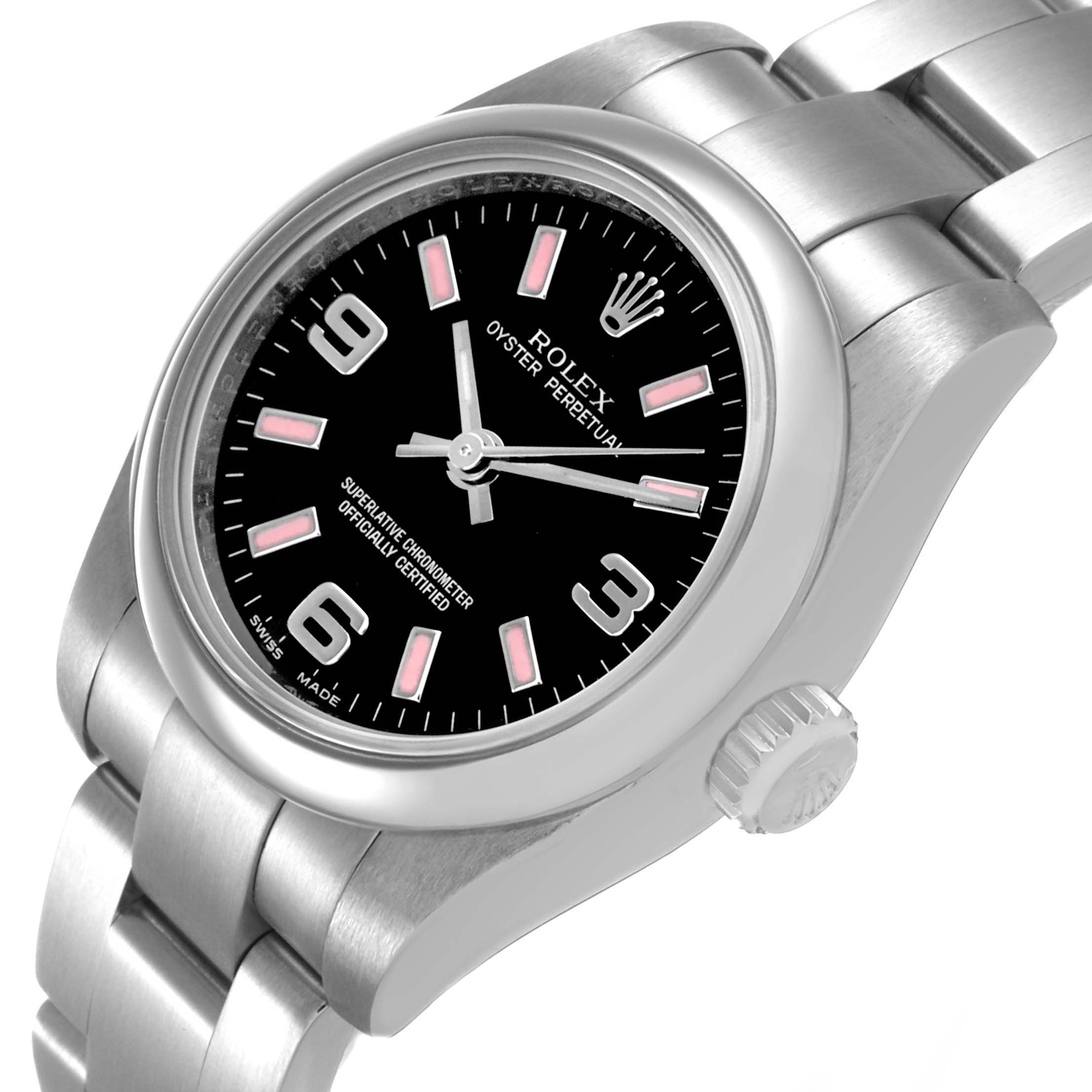 The Rolex Oyster Perpetual 176200 Women's Stainless Steel Black Dial is shown at an angled side view, highlighting the case, crown, and part of the bracelet.