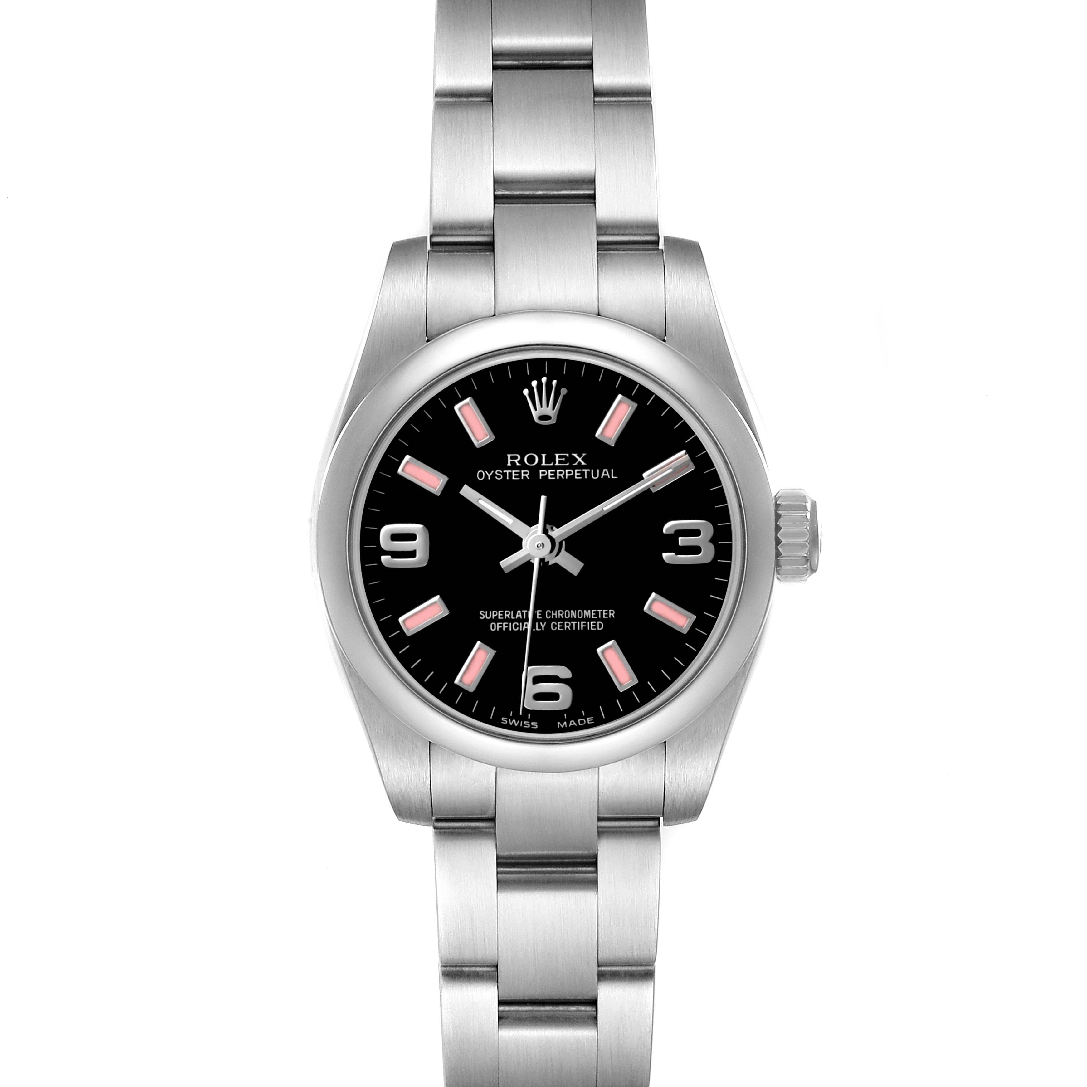 The Rolex Oyster Perpetual 176200 Womens Stainless Steel Black Dial watch is shown from a top-down angle, displaying its face, hour markers, and bracelet.