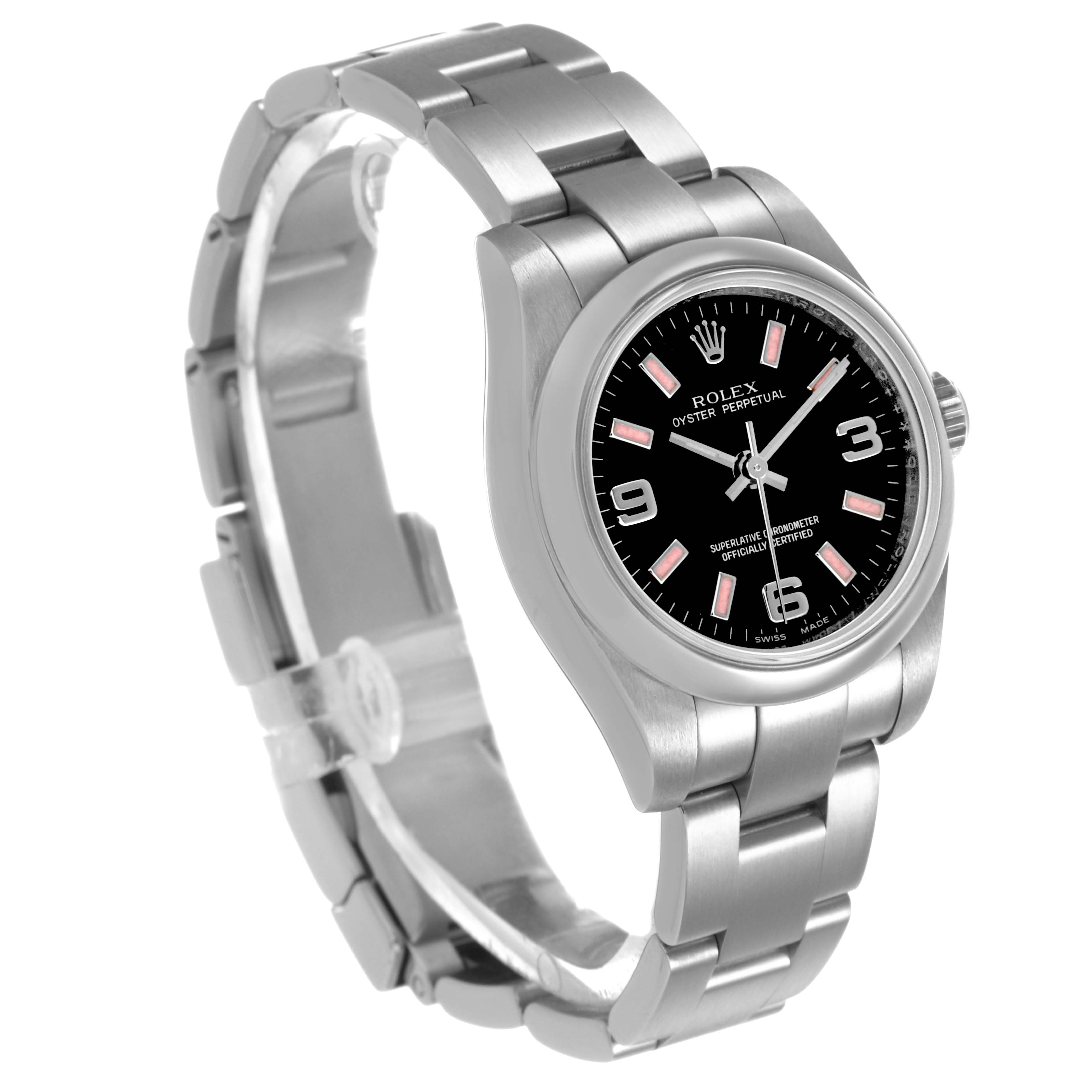 The Rolex Oyster Perpetual 176200 Women's Stainless Steel Black Dial watch is shown at a three-quarter angle, displaying the dial, case, and a portion of the bracelet.