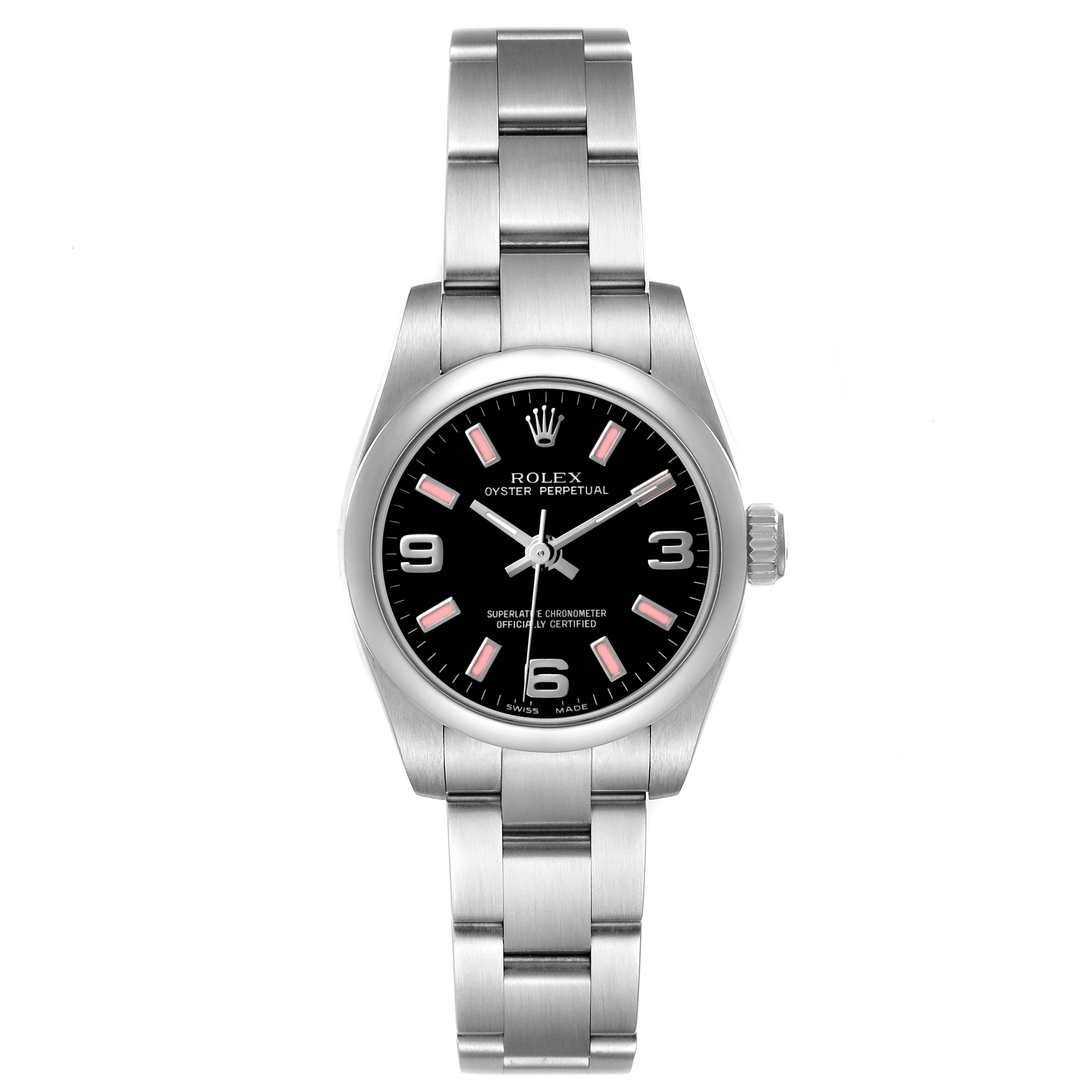 The Rolex Oyster Perpetual 176200 Women's Stainless Steel Black Dial watch is shown from a top view, displaying the bracelet, case, and black dial with hour markers.