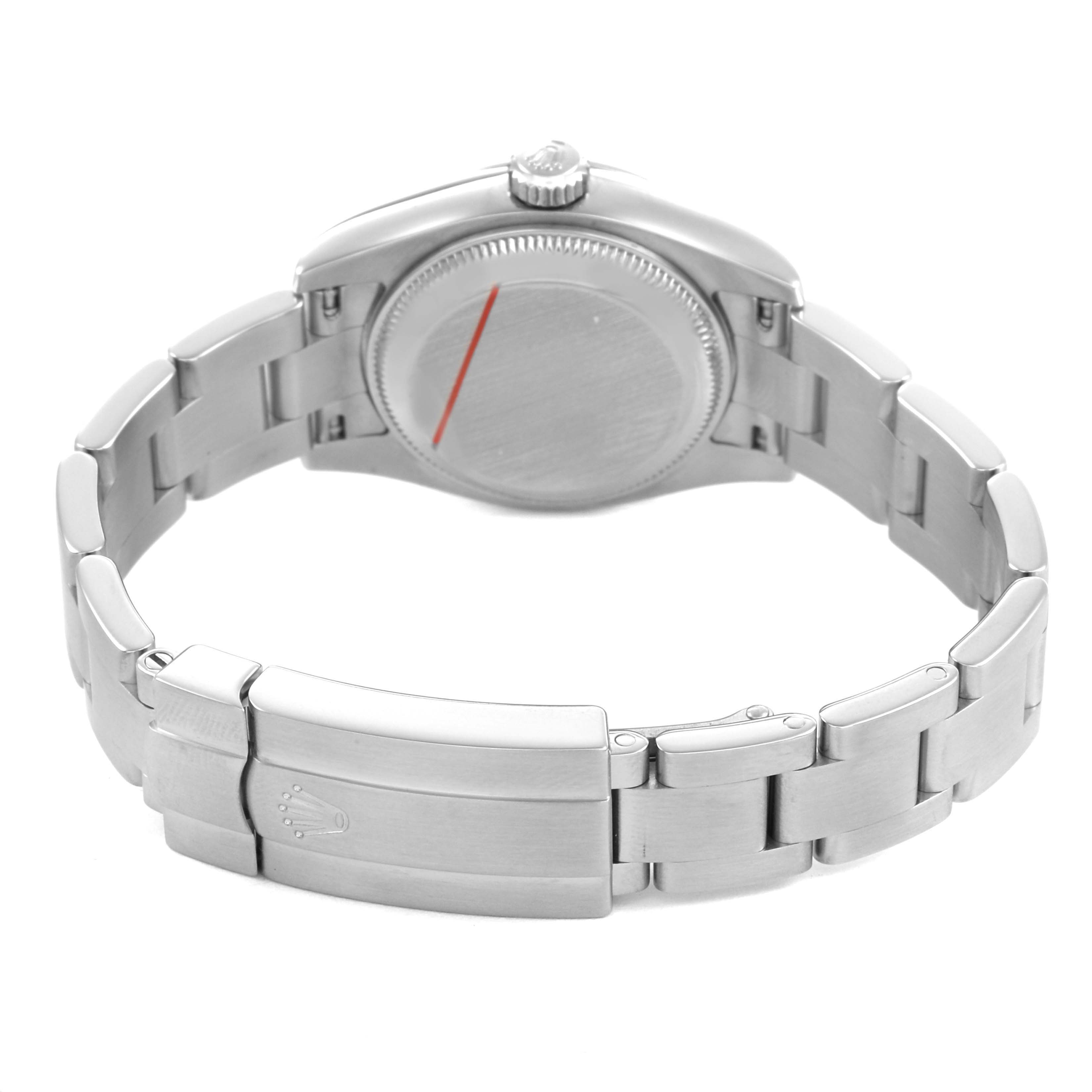 The image shows the back and bracelet of a Rolex Oyster Perpetual 176200 Womens Stainless Steel Black Dial watch, highlighting the case back and clasp.