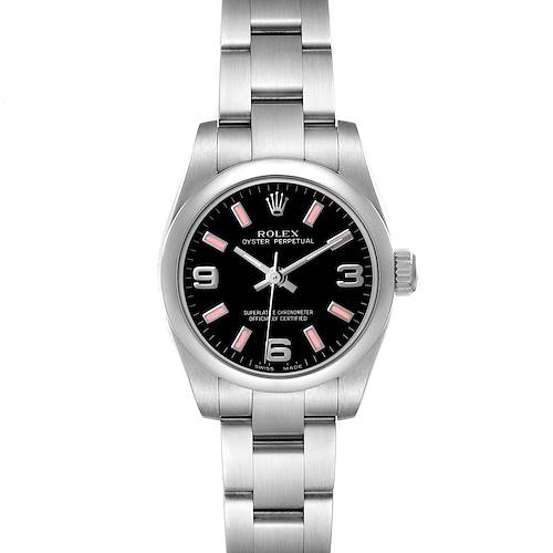 The Rolex Oyster Perpetual 176200 Women's Stainless Steel Black Dial watch is shown from a top-down angle, displaying the dial, bezel, and bracelet.