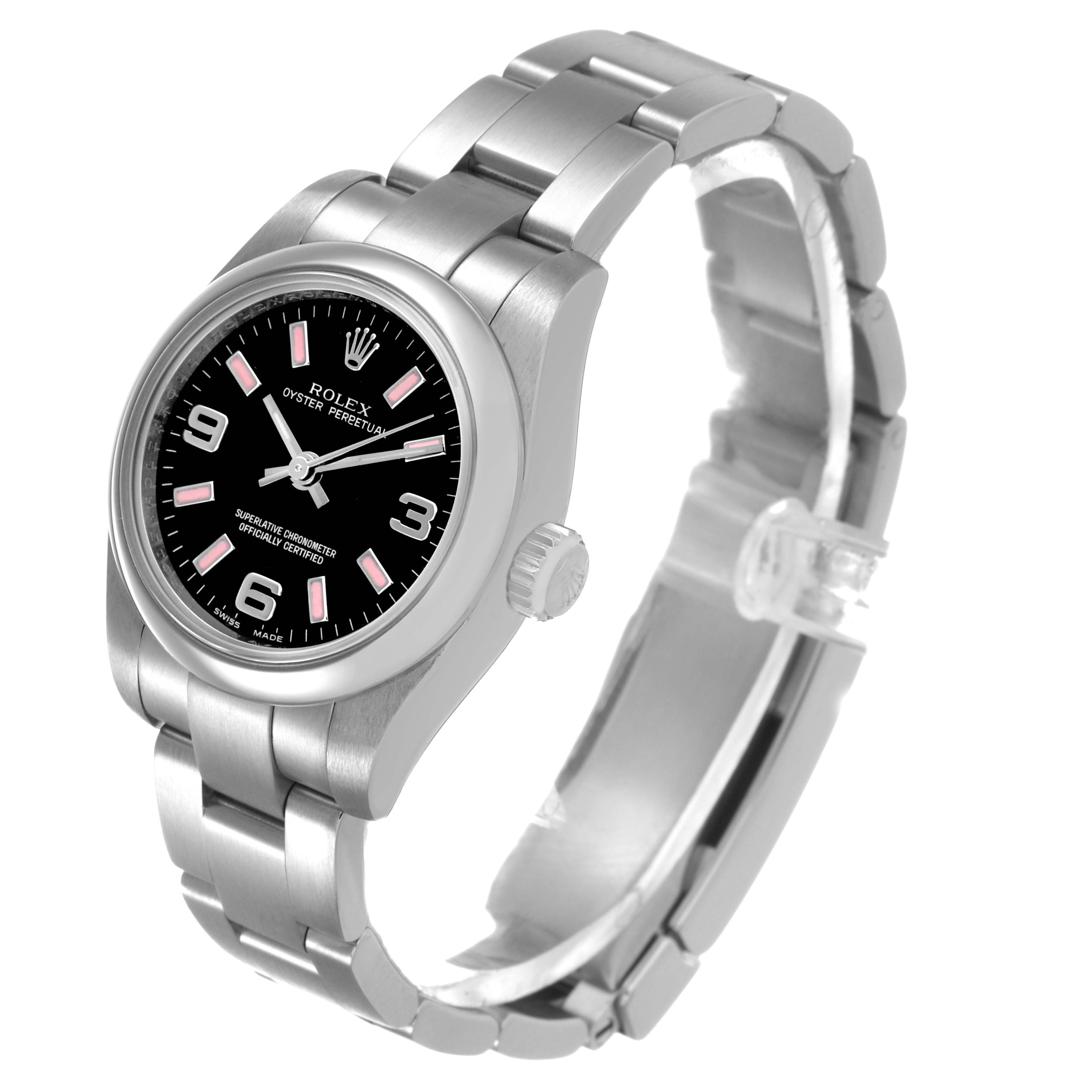 The Rolex Oyster Perpetual 176200 Women's Stainless Steel Black Dial watch is shown at a diagonal angle, displaying the face, bezel, crown, and a portion of the bracelet.