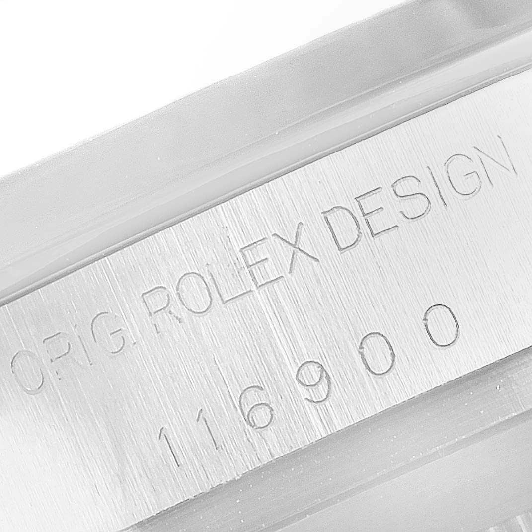 This image shows the side of a Rolex Air-King 116900 Men's Stainless Steel Black Dial 116900 Men's Stainless Steel Black Dial watch, highlighting the engraved model number 116900 and design branding.