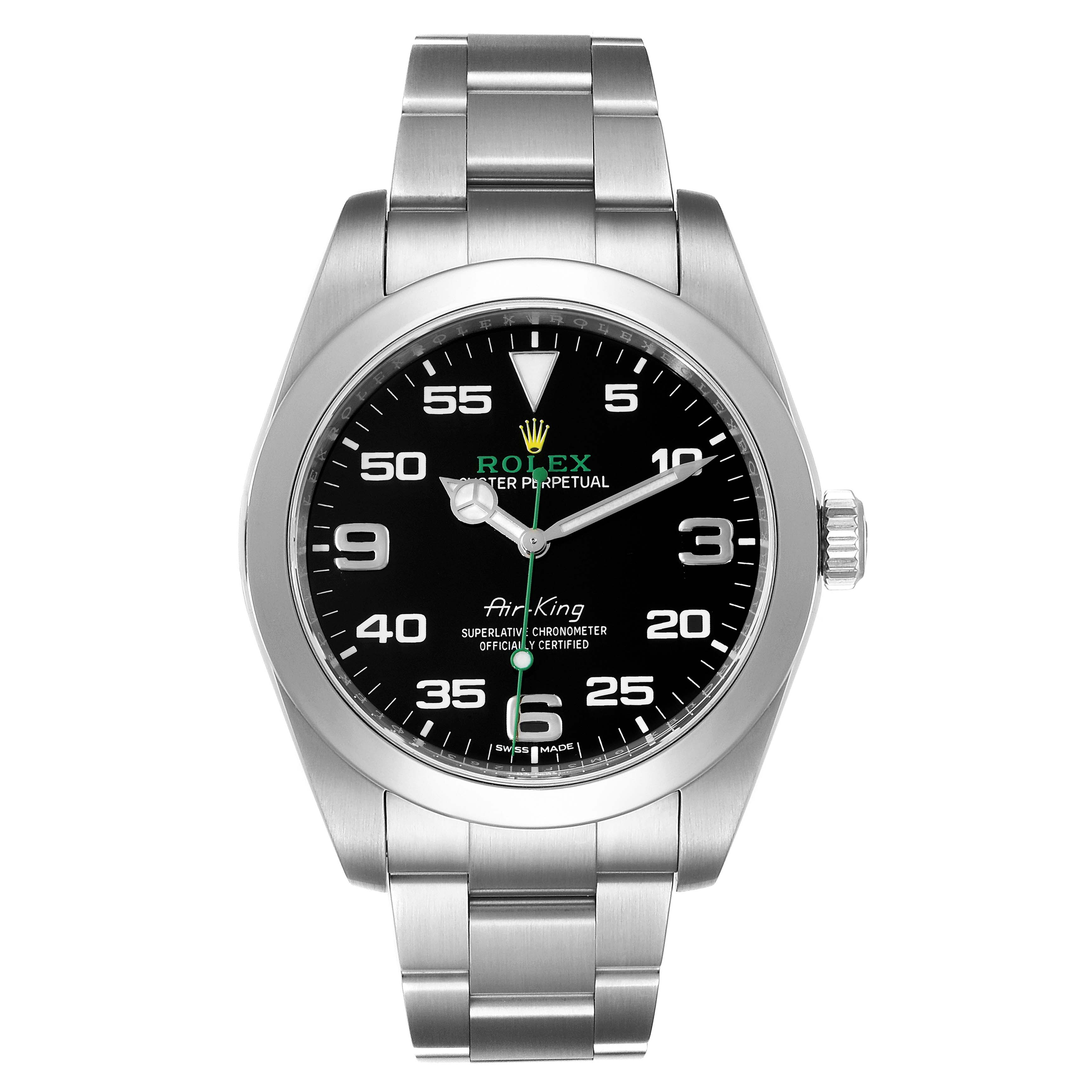 The image shows a frontal view of a Rolex Air-King 116900 Men's Stainless Steel Black Dial 116900 Men's Stainless Steel Black Dial watch, including the face, bezel, crown, and the bracelet.