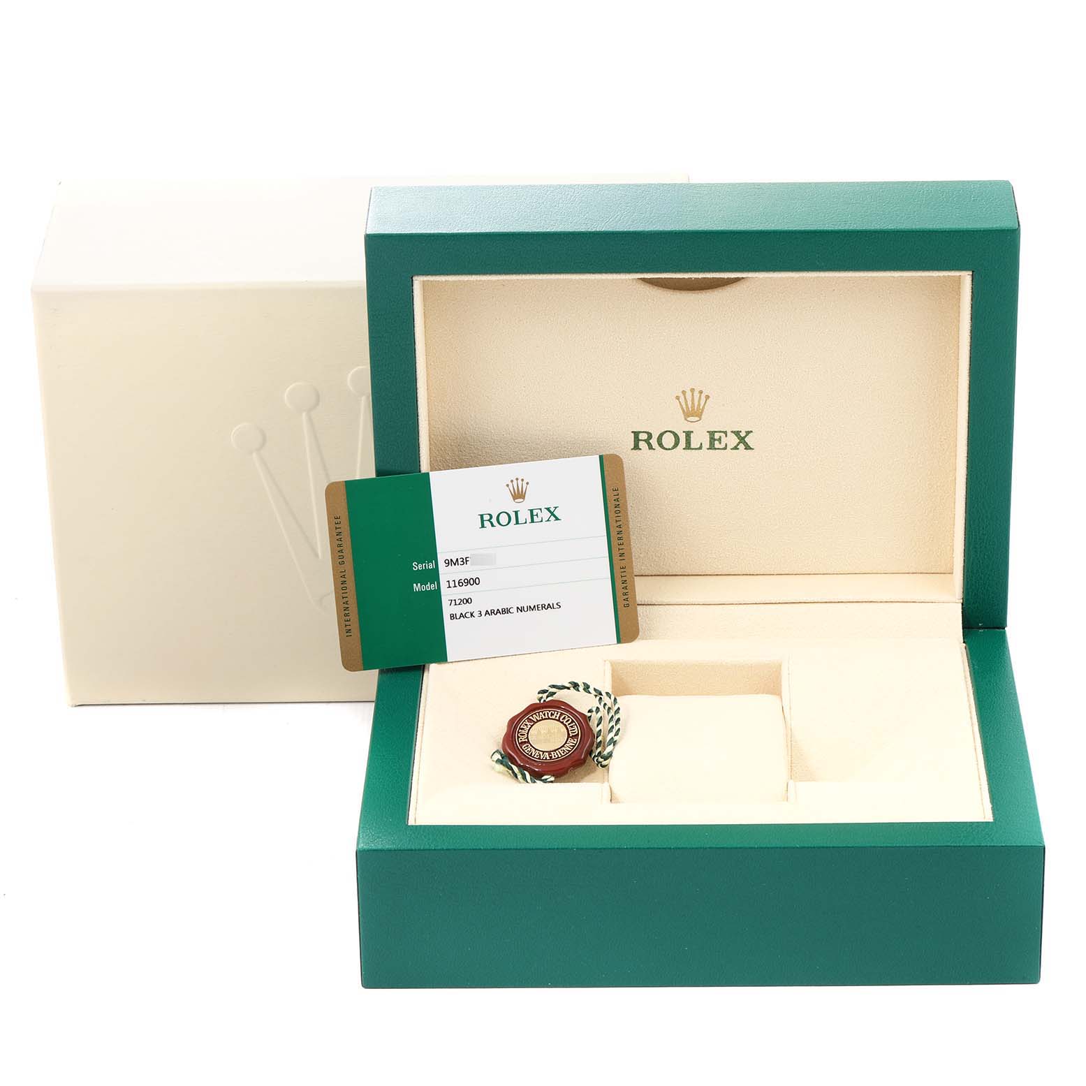 The image shows a Rolex Air-King 116900 Men's Stainless Steel Black Dial 116900 Men's Stainless Steel Black Dial model box, warranty card, and tags from a top angle without the watch.