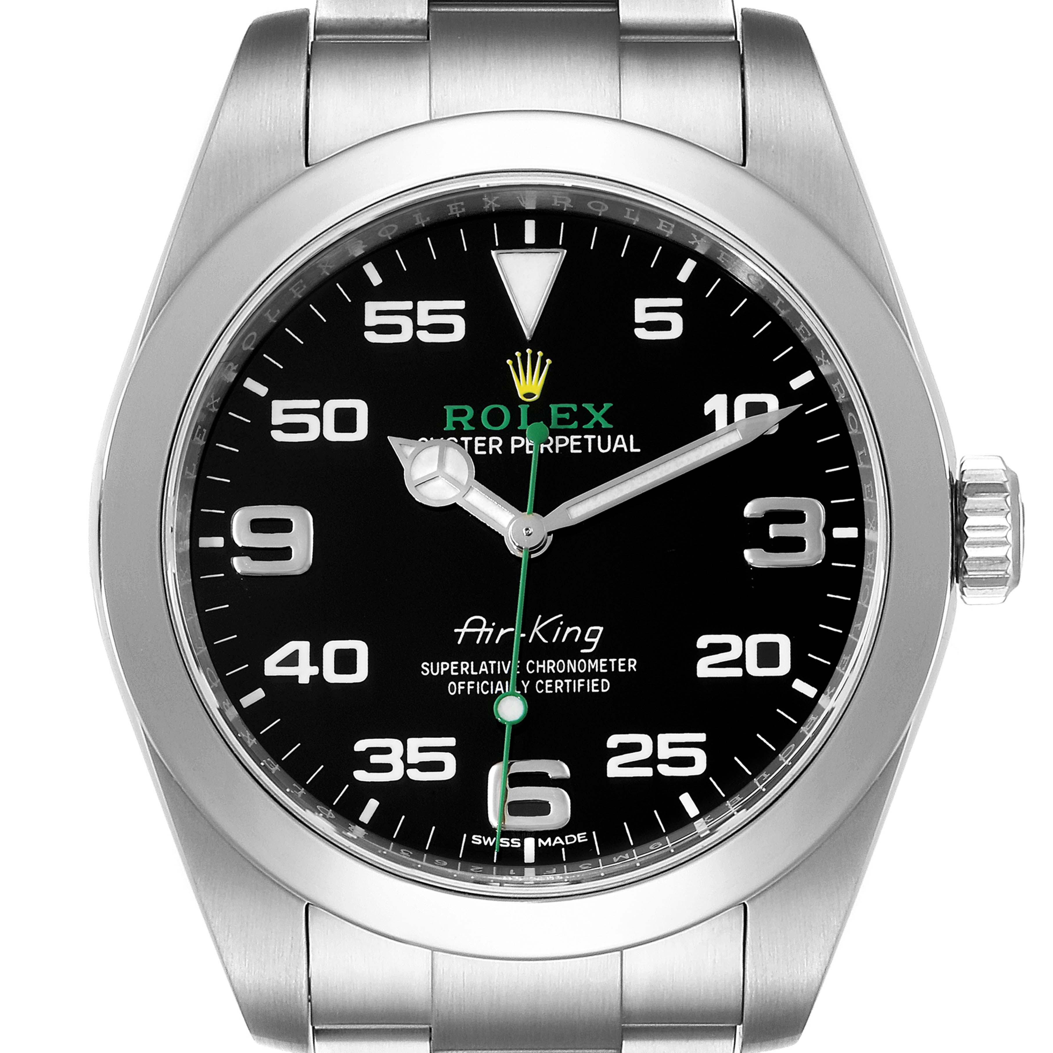 This image shows a front view of the Rolex Air-King 116900 Men's Stainless Steel Black Dial 116900 Men's Stainless Steel Black Dial watch, highlighting its dial, hands, and stainless steel case.