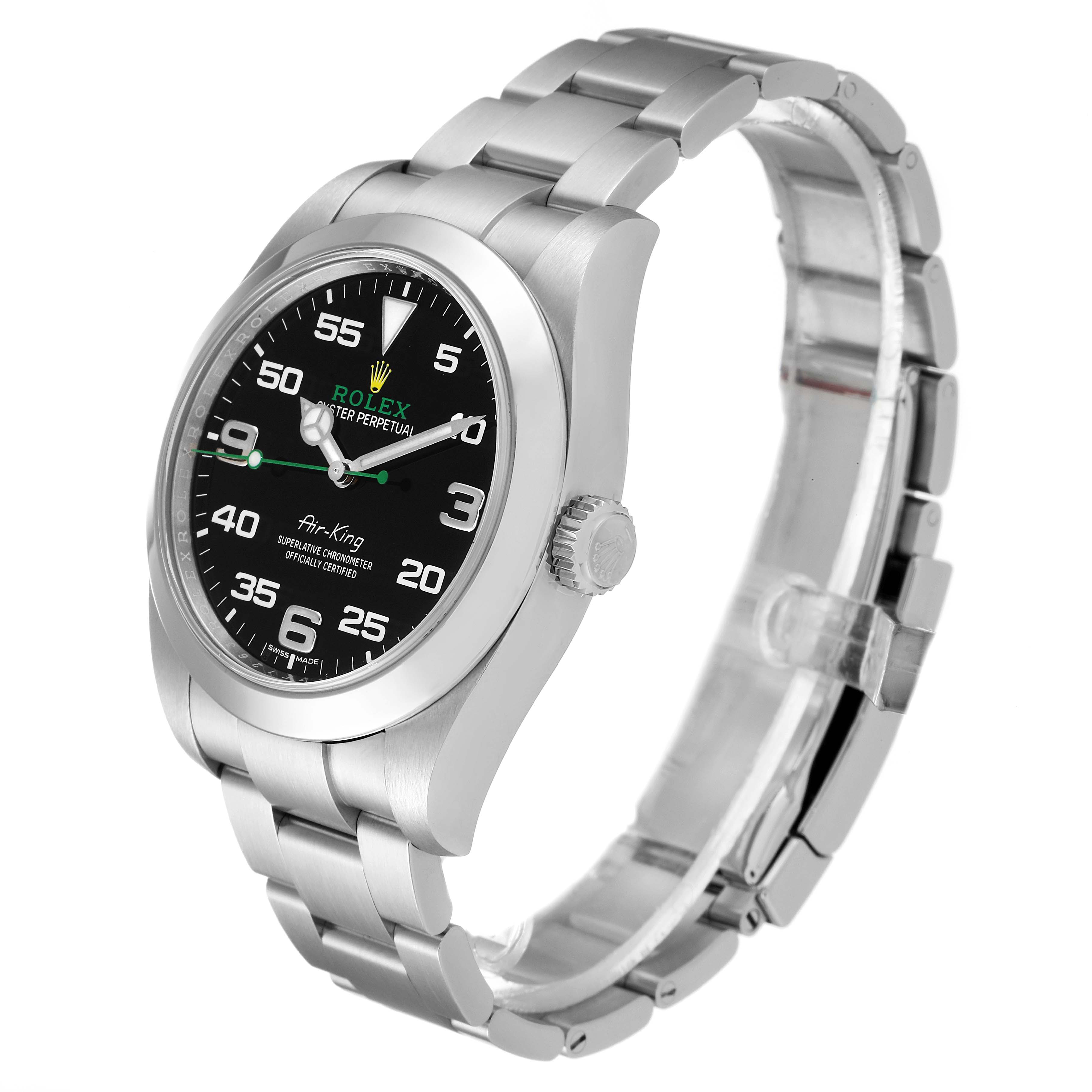 The image shows a side angle view of the Rolex Air-King 116900 Men's Stainless Steel Black Dial 116900 Men's Stainless Steel Black Dial watch, displaying its black dial, case, bracelet, and crown.