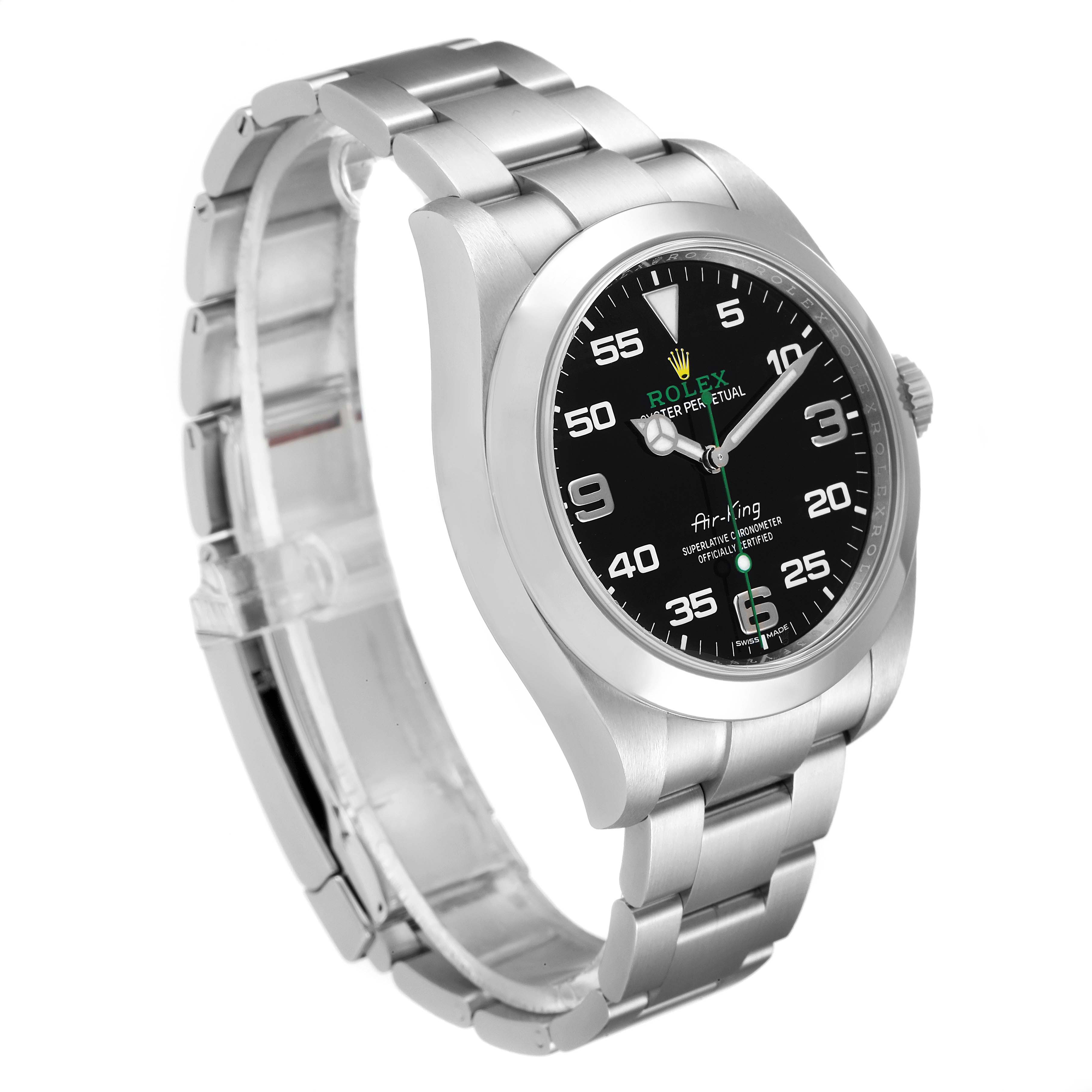 The Rolex Air-King 116900 Men's Stainless Steel Black Dial 116900 Men's Stainless Steel Black Dial watch is shown from a three-quarter angle, displaying the bracelet, case, and dial.