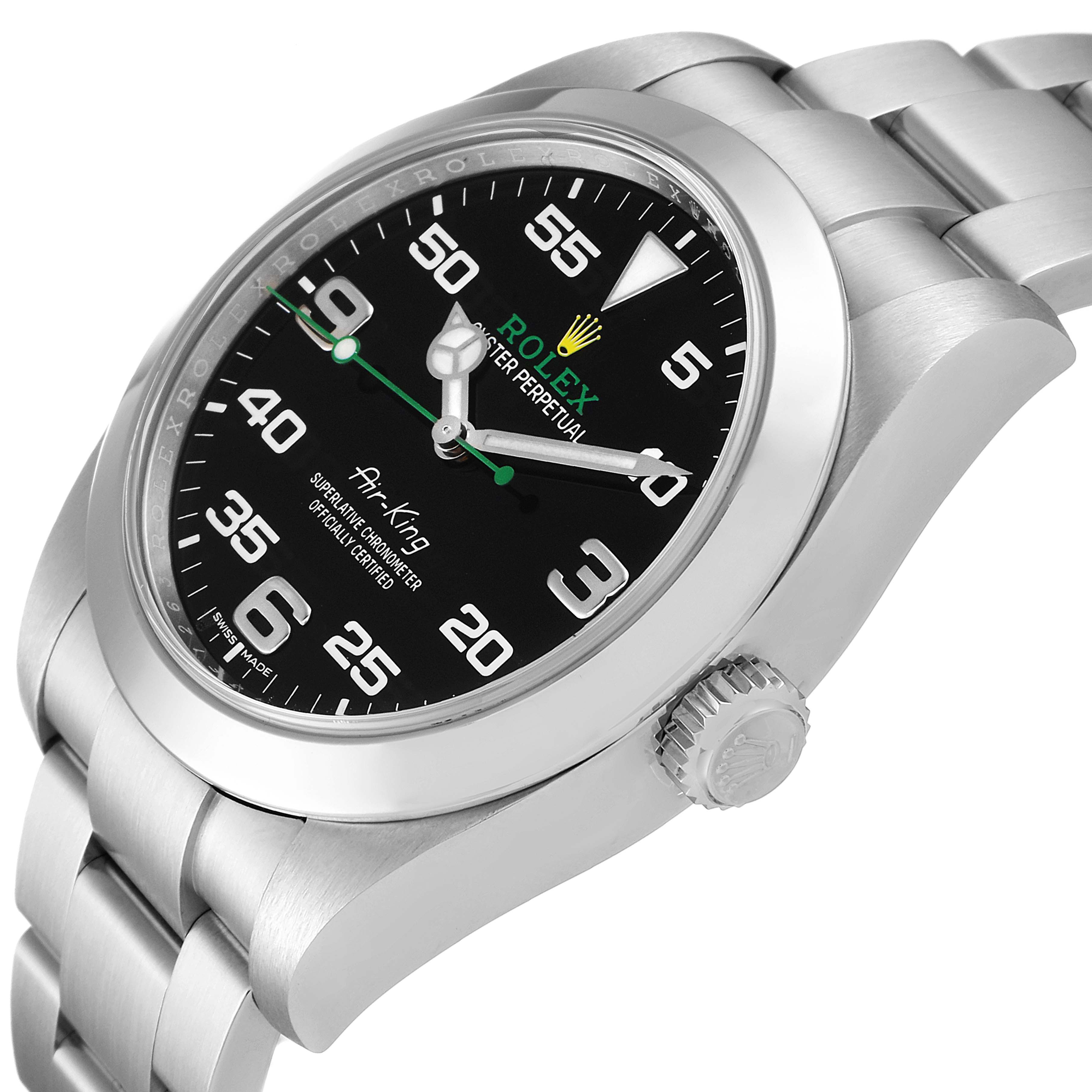 This image shows a Rolex Air-King 116900 Men's Stainless Steel Black Dial 116900 Men's Stainless Steel Black Dial watch at an angled view, displaying the face, bezel, crown, and part of the bracelet.