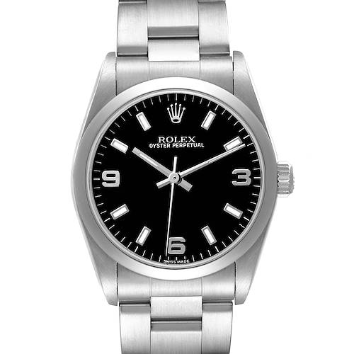 The Rolex Oyster Perpetual Mid-Size watch is shown from a front angle, displaying its black dial, bezel, and bracelet.