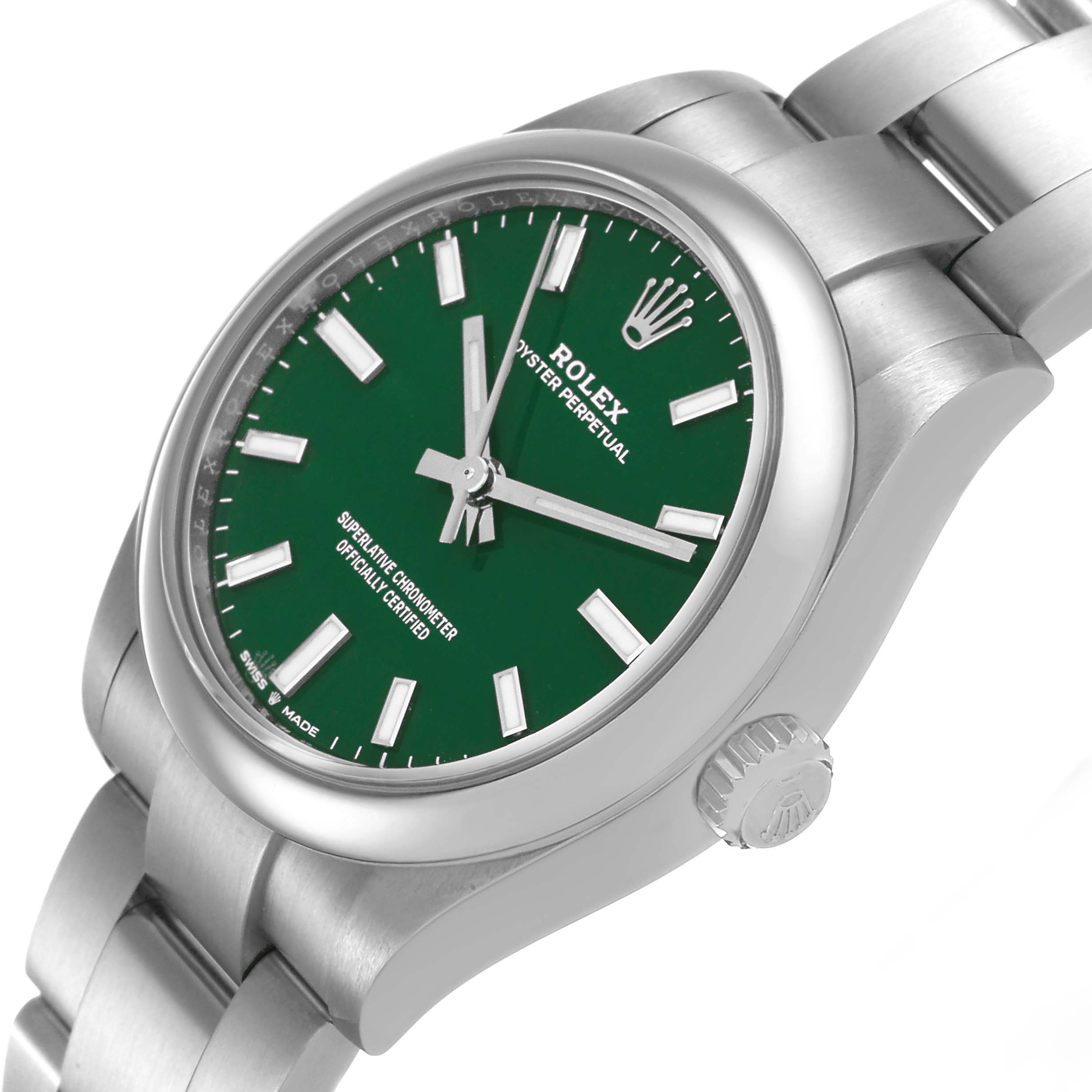 The Rolex Mid-Size 277200 Women's Stainless Steel Green Dial watch is shown from a slightly angled side view, highlighting the dial, bezel, crown, and part of the bracelet.