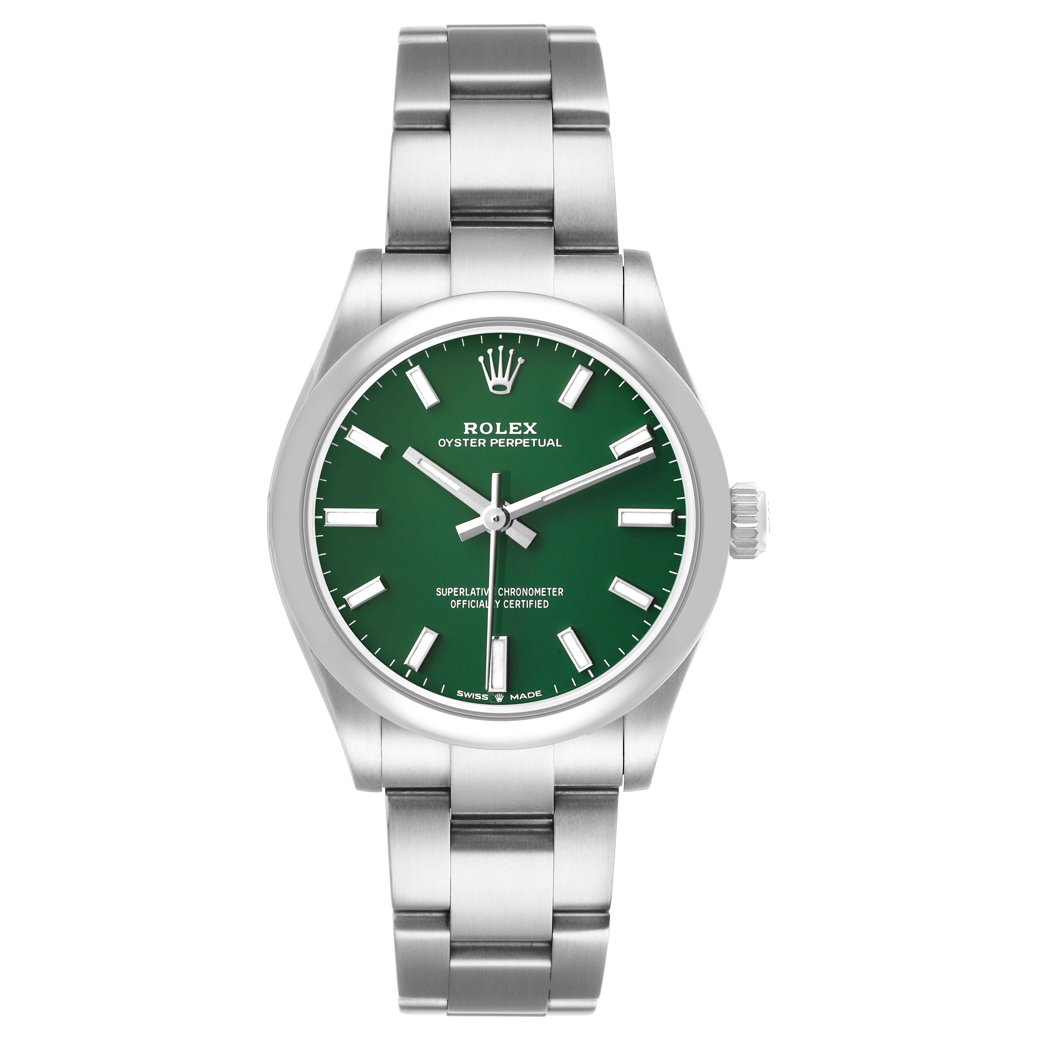 The Rolex Mid-Size 277200 Women's Stainless Steel Green Dial watch is shown from the front, displaying the green dial, case, crown, and full bracelet.